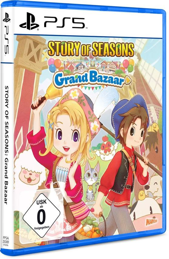 PS5 Spiel Cover: Story of Seasons Grand Bazaar mit zwei Charakteren und Tieren.