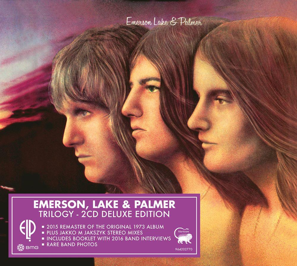 Drei Männer blicken nach rechts. Oben steht Emerson Lake & Palmer.