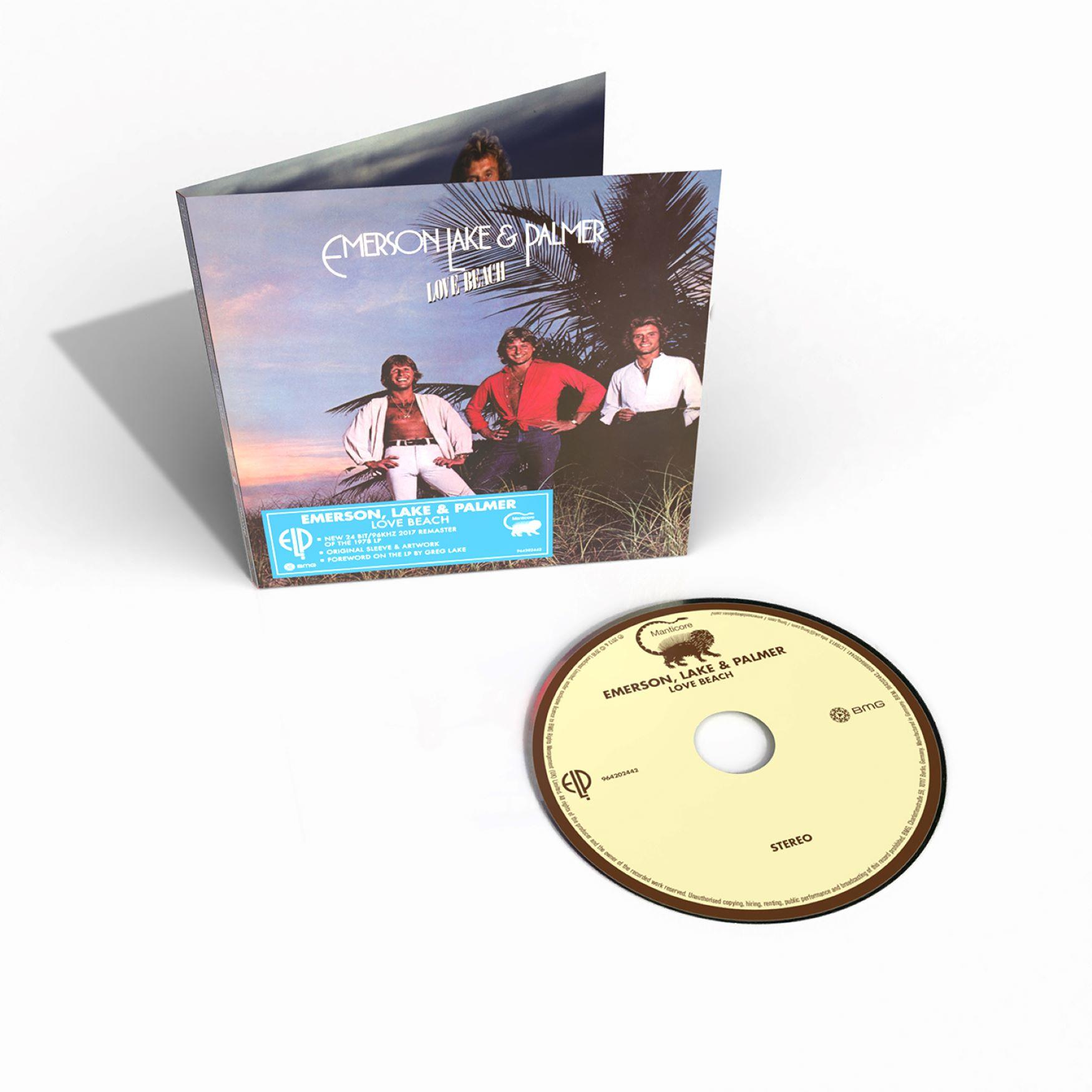 Albumcover und CD von Emerson, Lake & Palmer, Love Beach, mit den Bandmitgliedern.