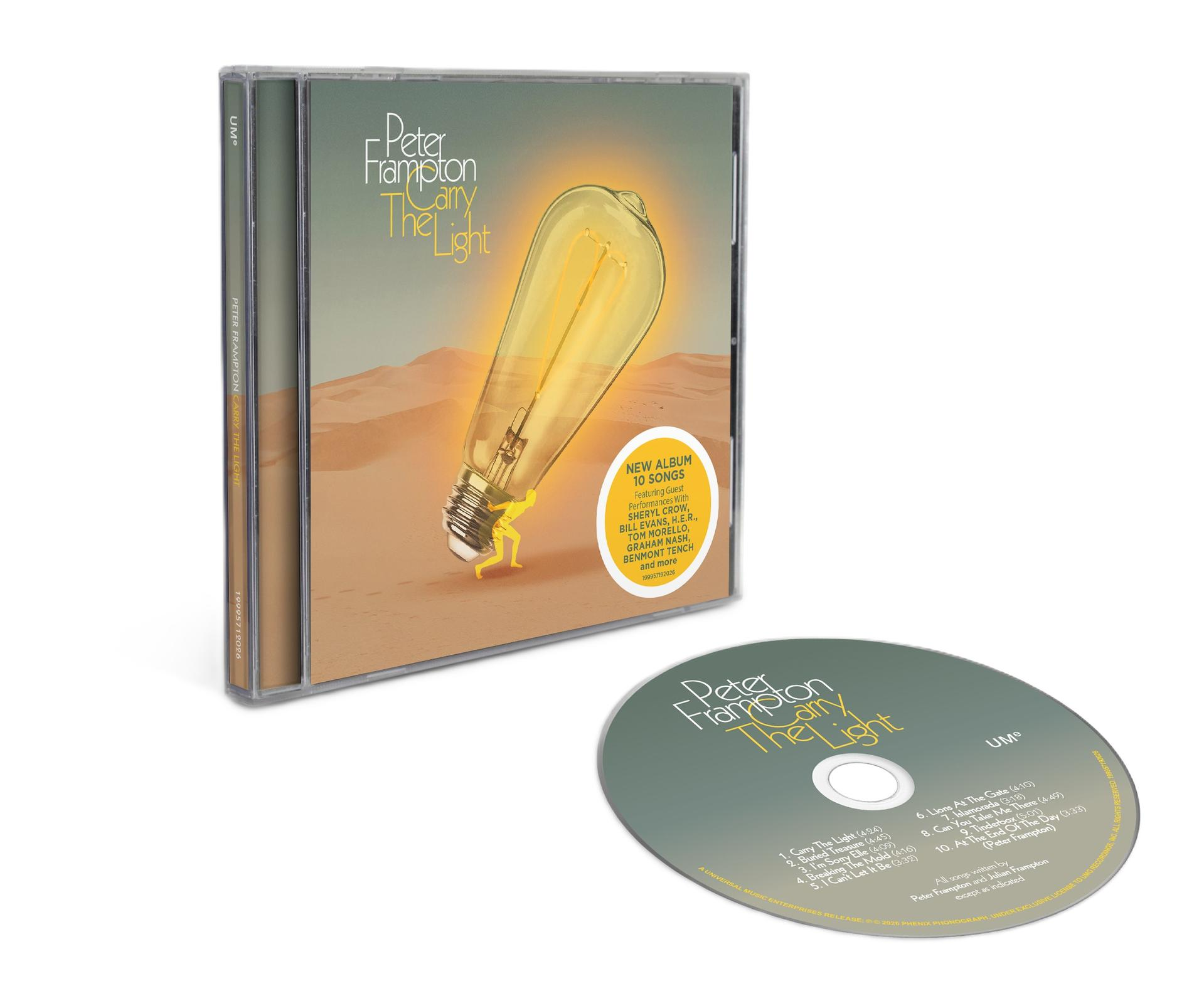 CD-Hülle mit Glühbirne und Wüstenszene. CD mit Titelliste im Vordergrund.