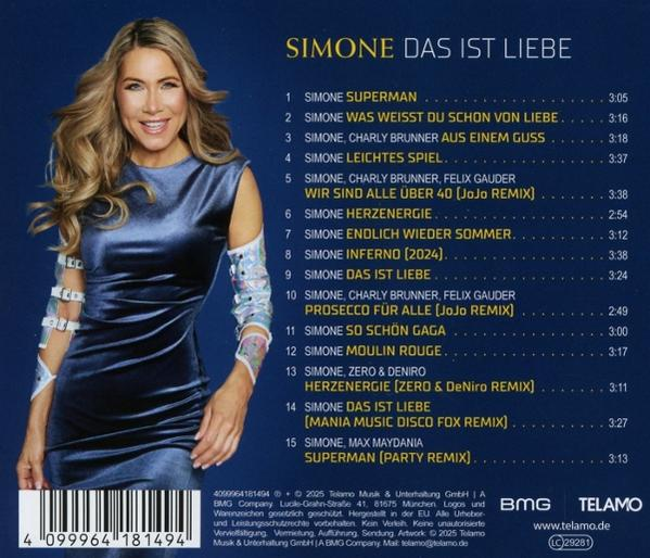 Simone in blauem Samtkleid, Album-Trackliste und Barcode.