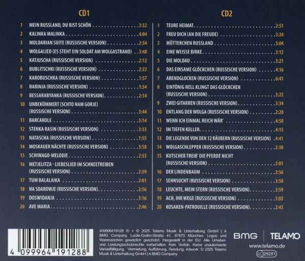 CD1 und CD2 Tracklisten mit Titeln und Laufzeiten auf dunklem Hintergrund.