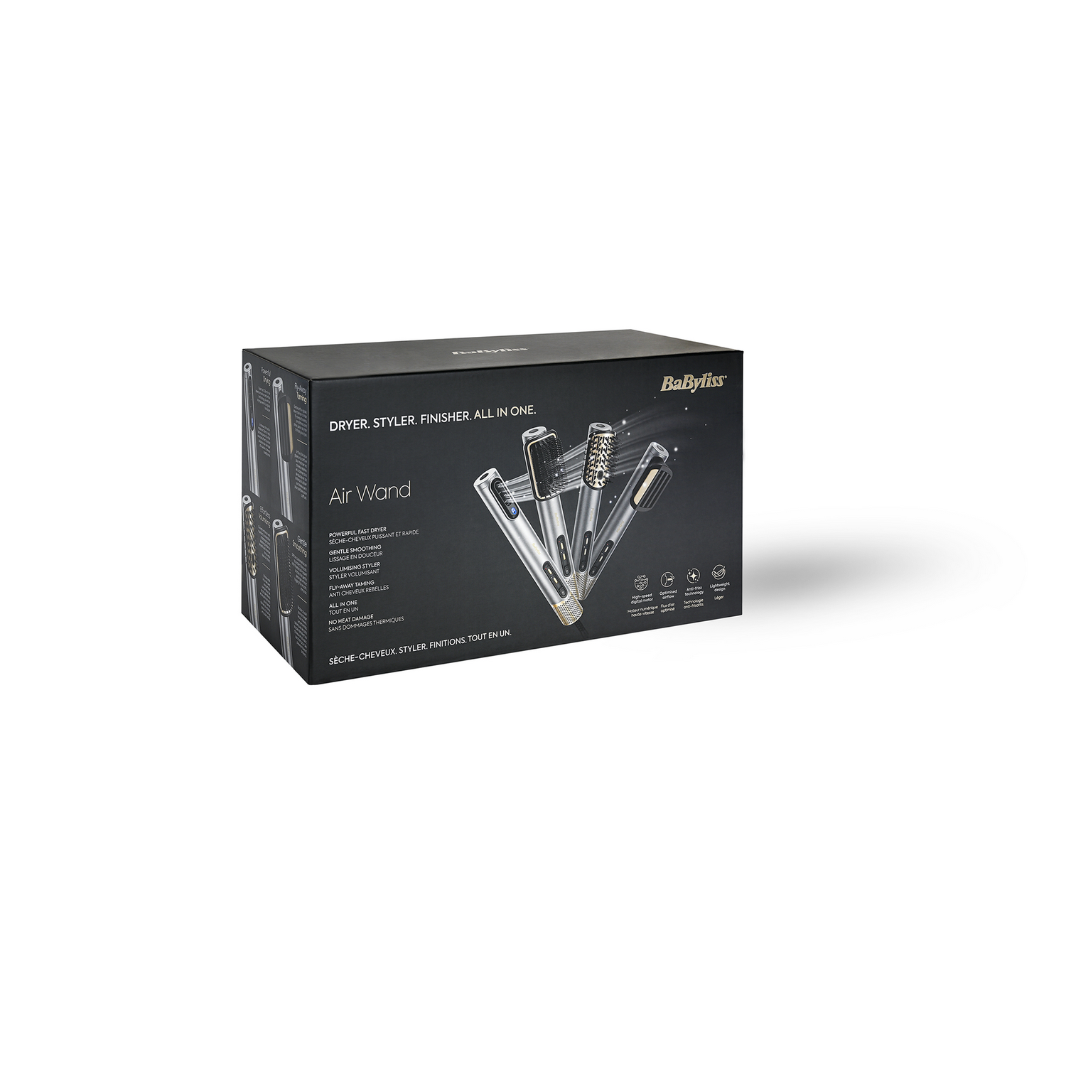 Una caja negra muestra el secador, modelador y acabado BaByliss Air Wand.