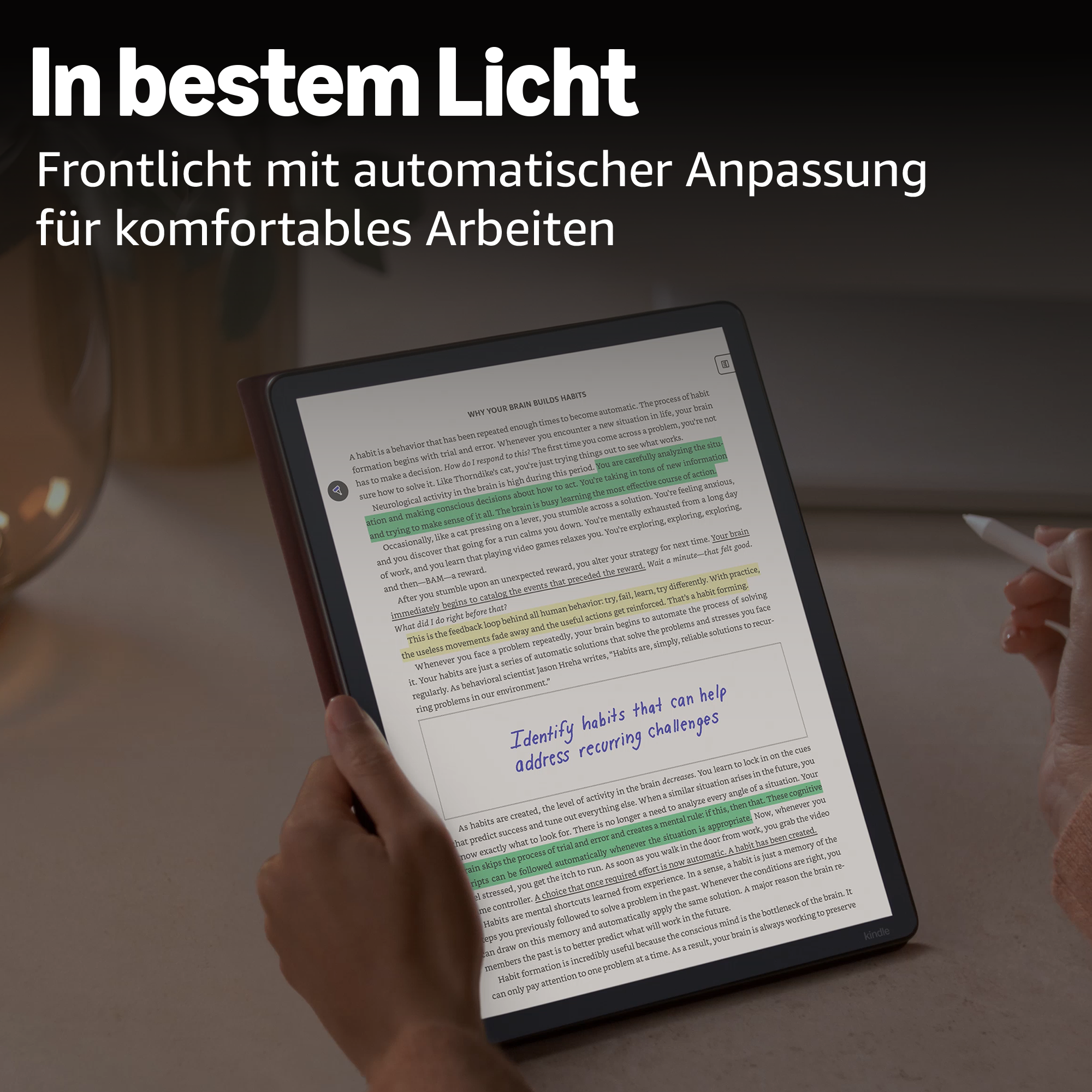 Ein E-Reader zeigt Text über Gewohnheiten an, mit hervorgehobenem Text.