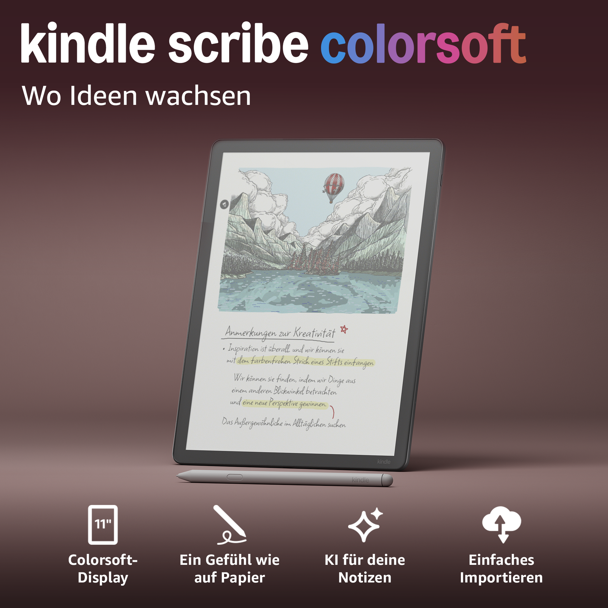 Kindle Scribe mit Notiz-App, zeigt Landschaft mit Ballon. Funktioniert wie Papier.