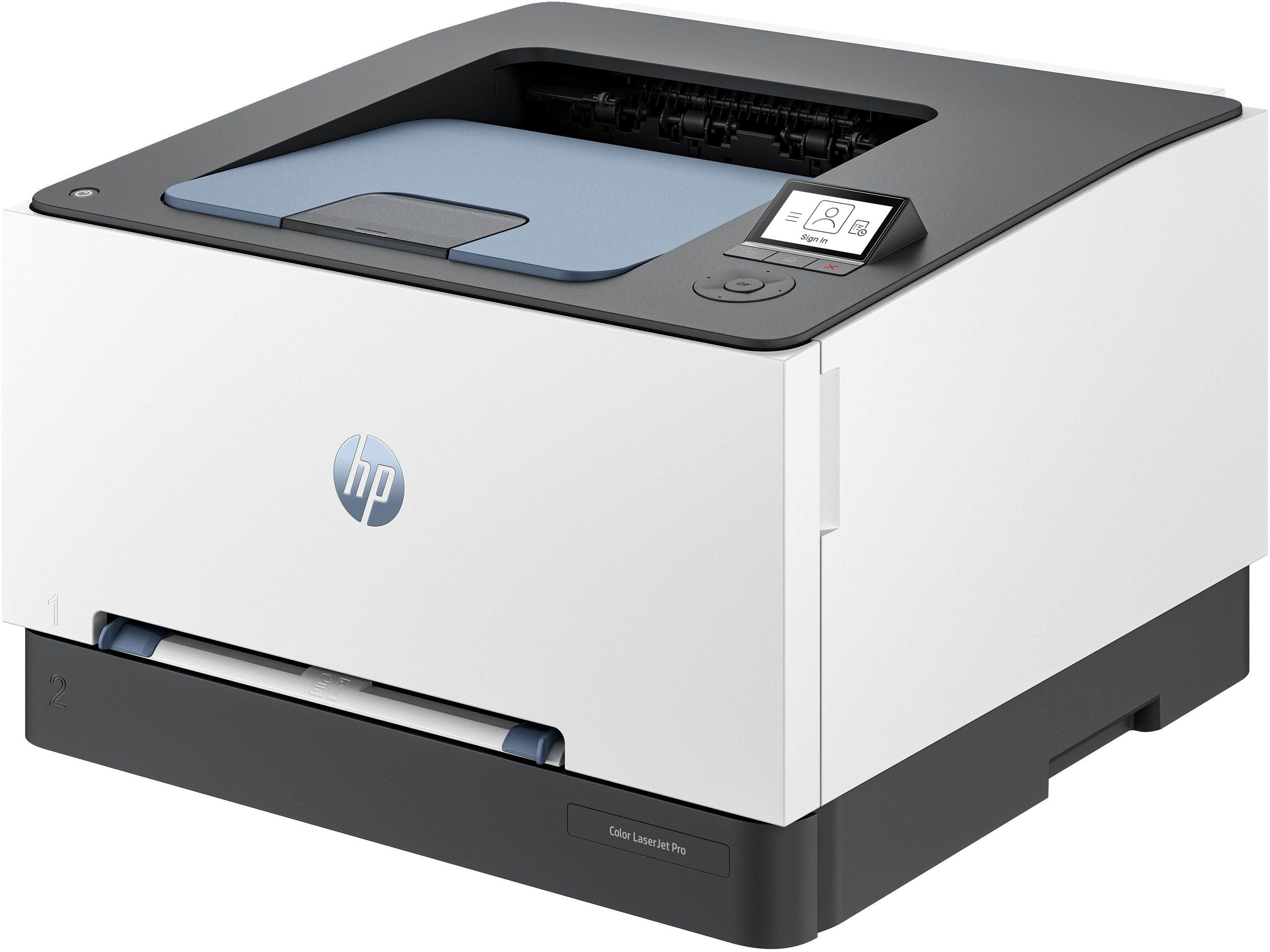 Ein weißer und grauer HP Color LaserJet Pro Drucker mit Touchscreen.