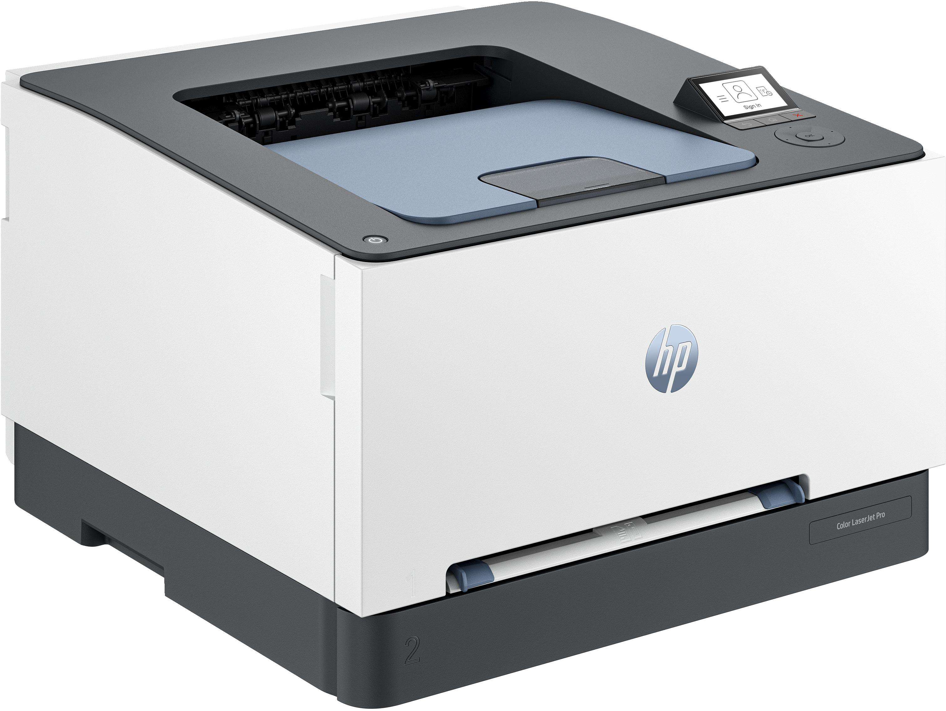 Ein weißer und grauer HP Farblaserjet Pro Drucker mit kleinem Bildschirm.