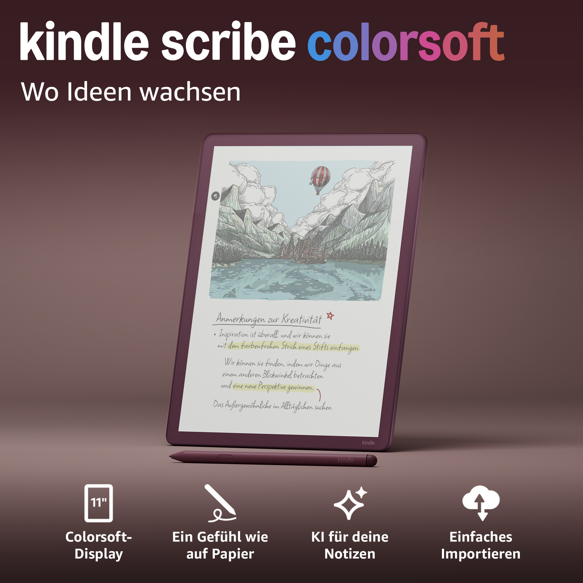 Lila Kindle Scribe mit Stift, 11-Zoll-Display, Notizen und Icons für Features.