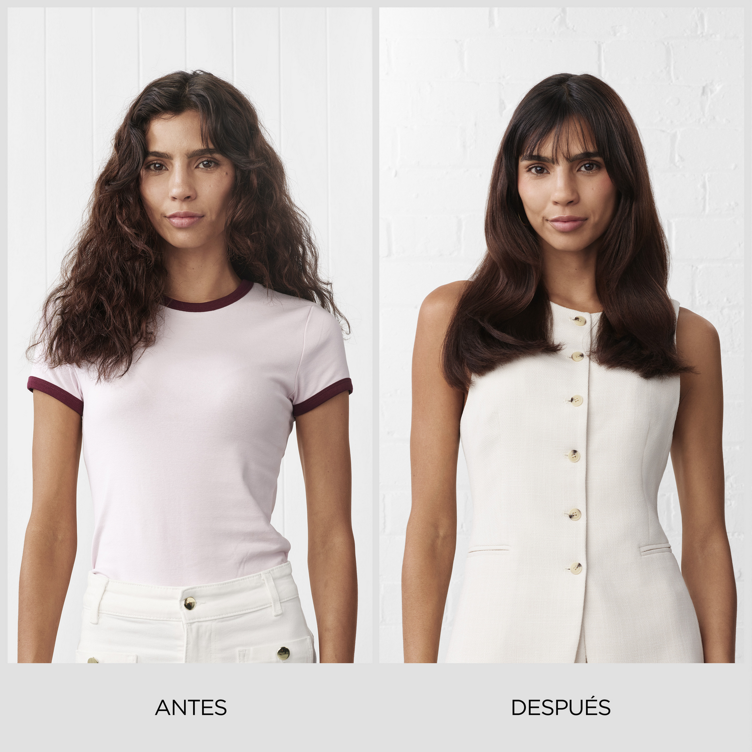 Antes y después: Mujer con pelo rizado y pelo liso.