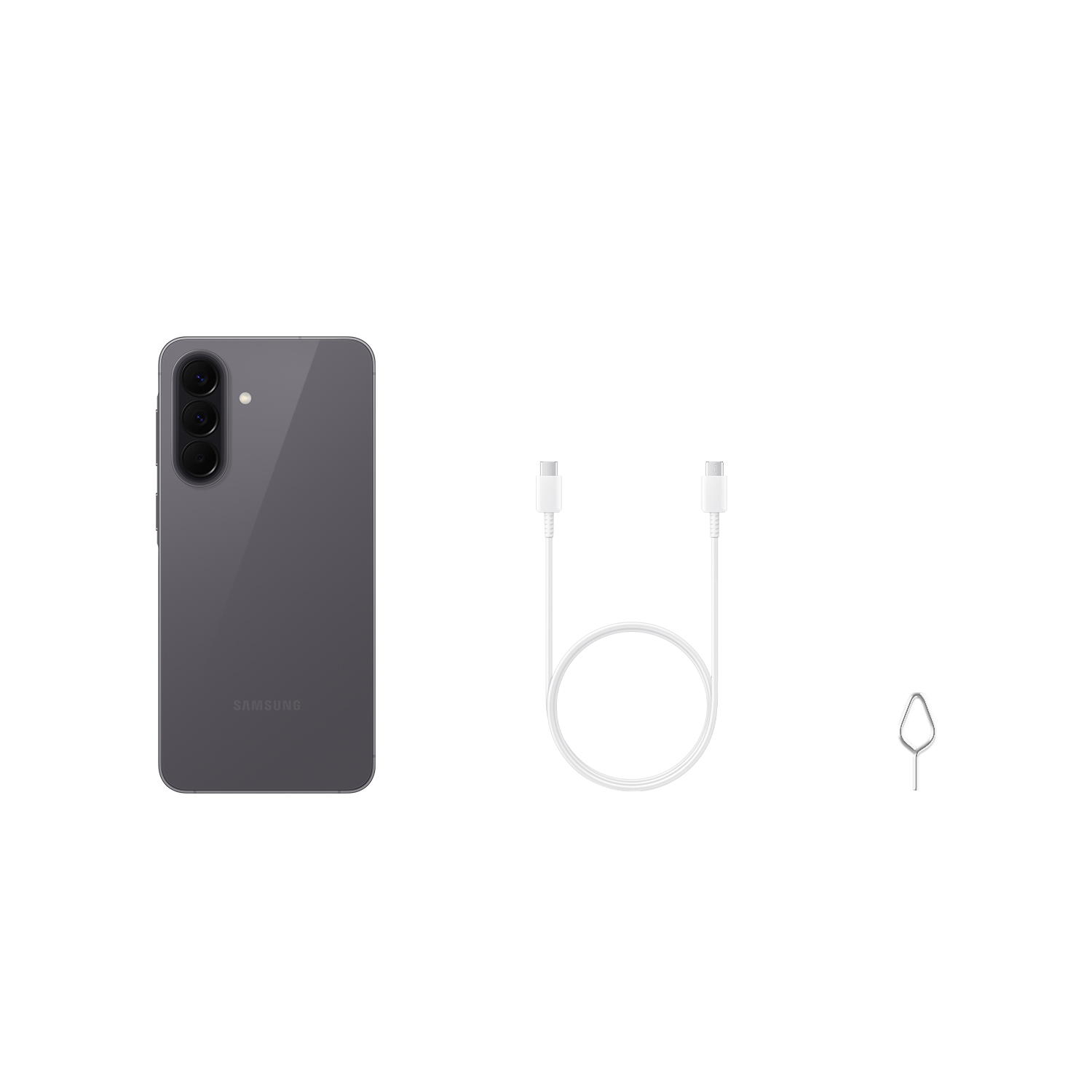 Smartphone Samsung gris con cable y herramienta SIM.