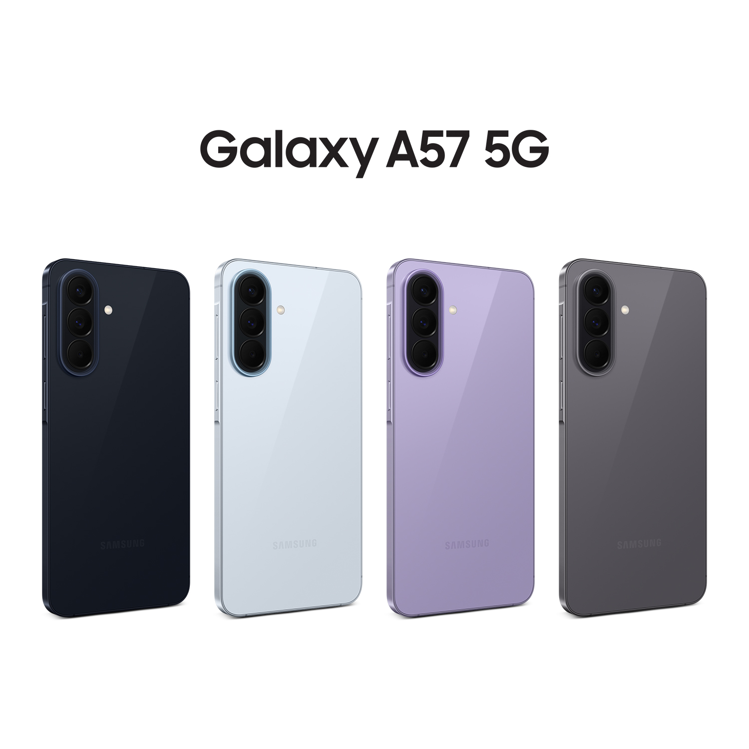 Cuatro teléfonos Samsung Galaxy A57 5G en azul marino, azul claro, lavanda y gris.
