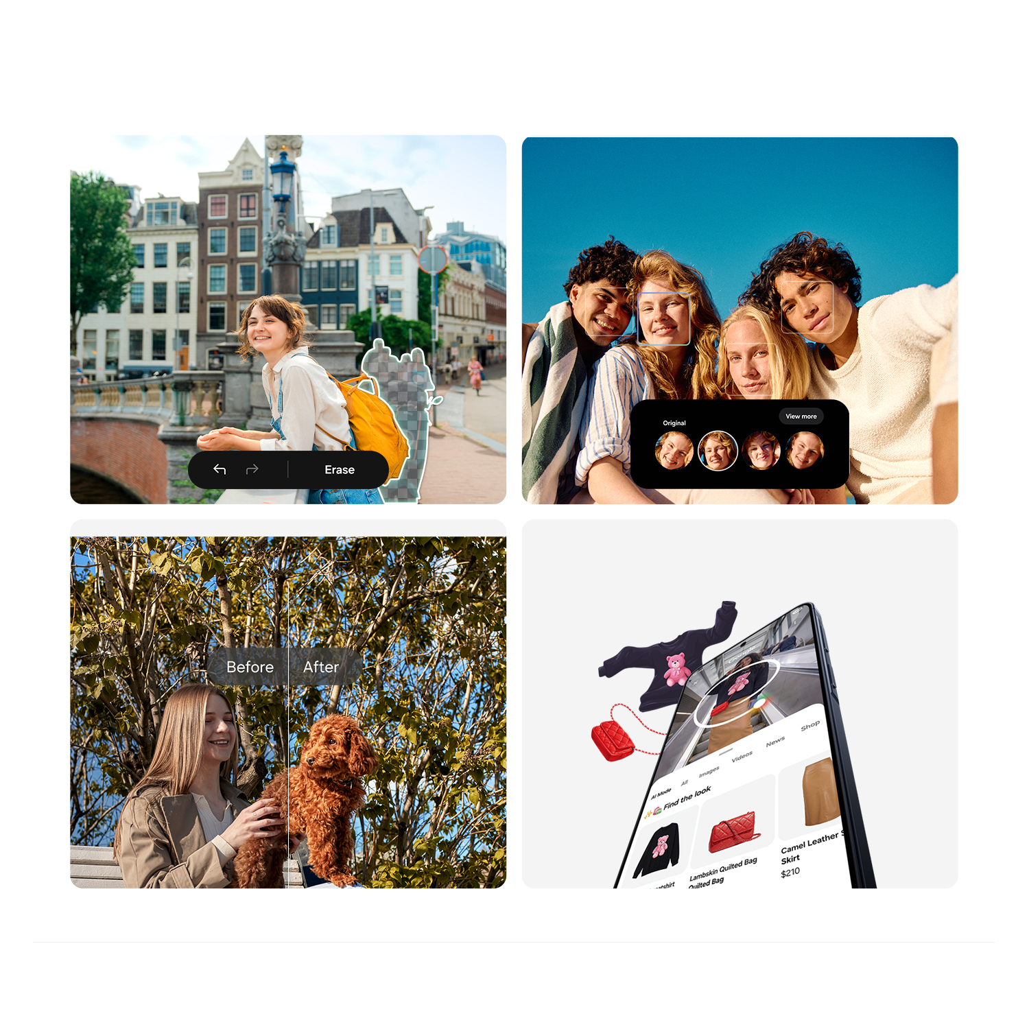 Cuatro collages de funciones de edición de fotos: mujer en Ámsterdam, amigos, mujer con perro, compras.