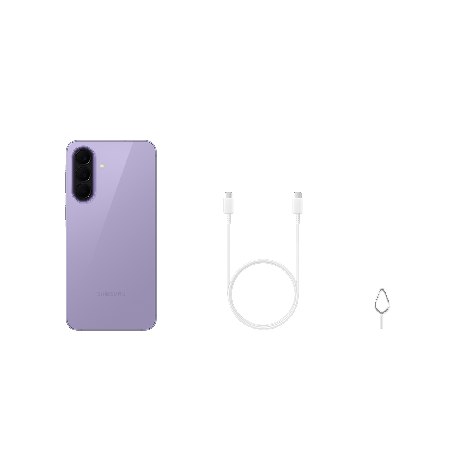 Un teléfono Samsung morado con cable y herramienta SIM sobre fondo blanco.
