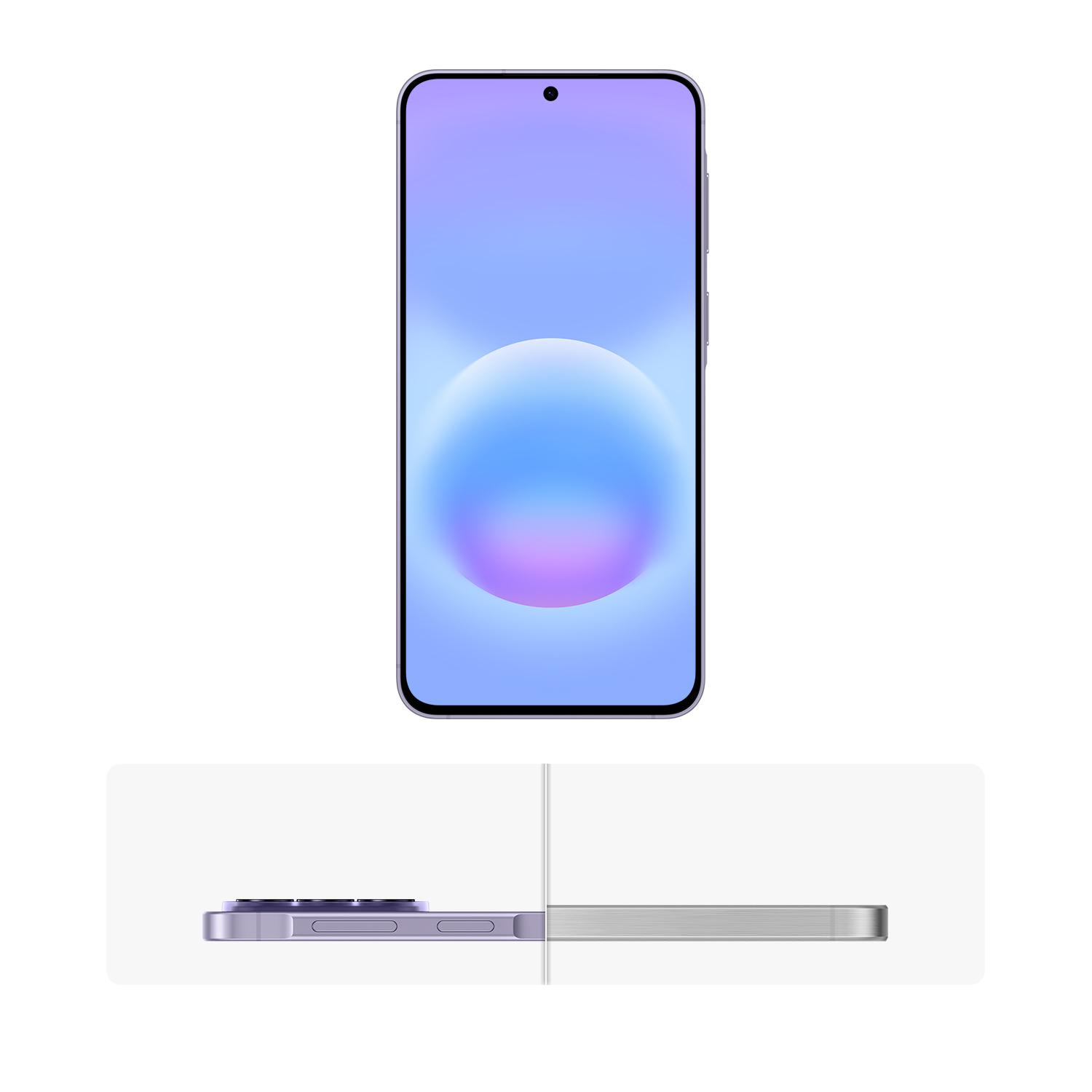 Un smartphone morado con pantalla degradada y detalles de cámara vistos de lado.