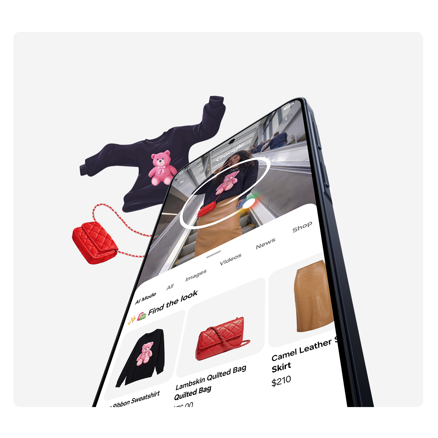 Un smartphone muestra una app de compras con un jersey negro de osito y un bolso rojo acolchado.