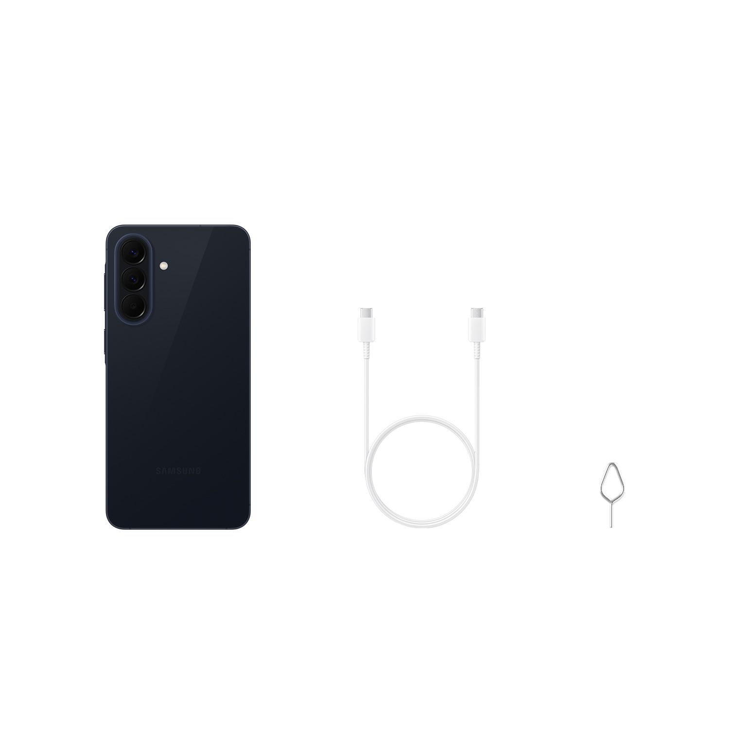 Teléfono Samsung azul oscuro con tres cámaras, cable USB-C y herramienta SIM.