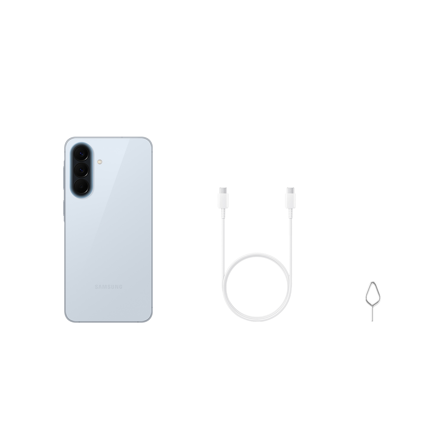 Un smartphone Samsung azul claro con cable de carga y herramienta SIM.