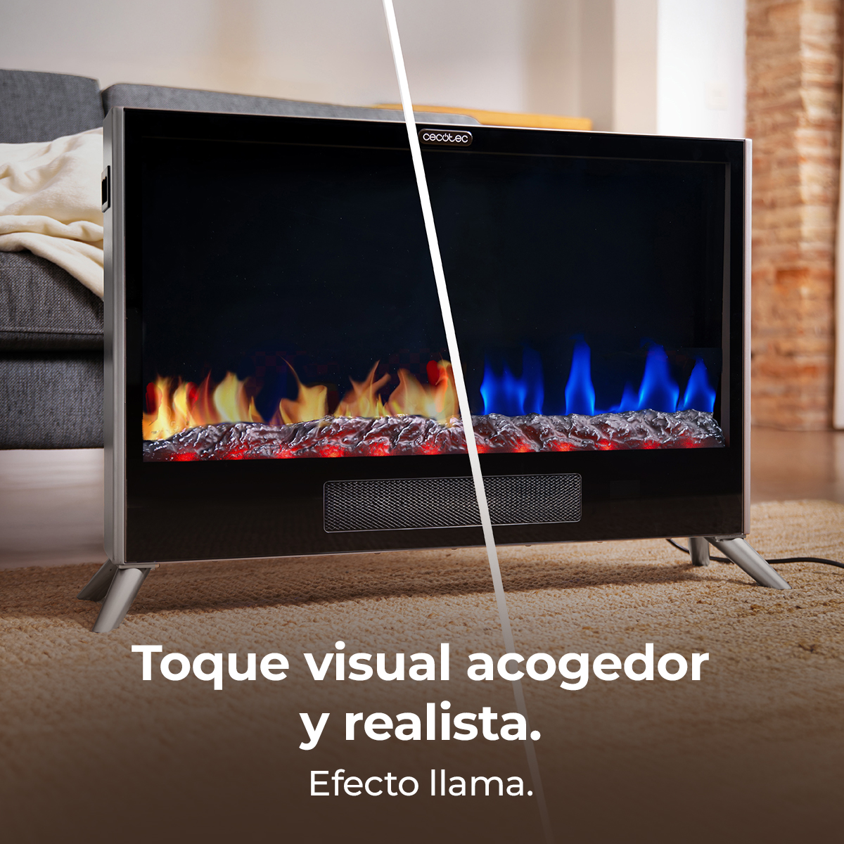 Chimenea eléctrica con llamas realistas naranjas y azules, sobre una alfombra.