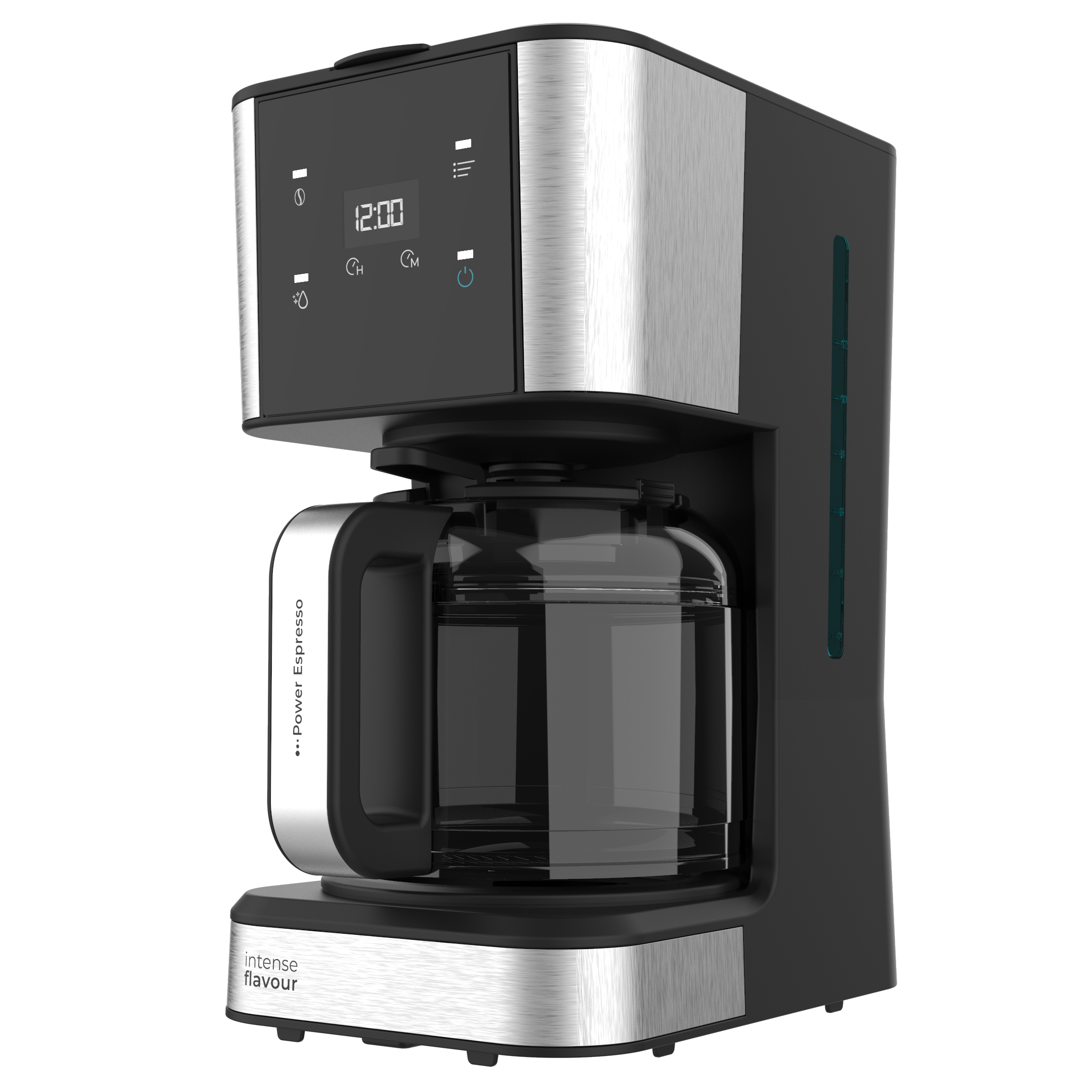 Cafetera negra con jarra de cristal, pantalla digital y detalles metálicos.