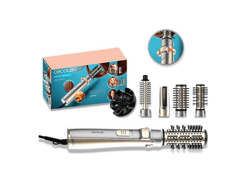 Moldeador - Cecotec CeramicCare 5en1 AirBrush Gyro, 5 cabezales, Función rotativa bidireccional, Cerámico, iónica, 1100 W, Punta fría, Gris