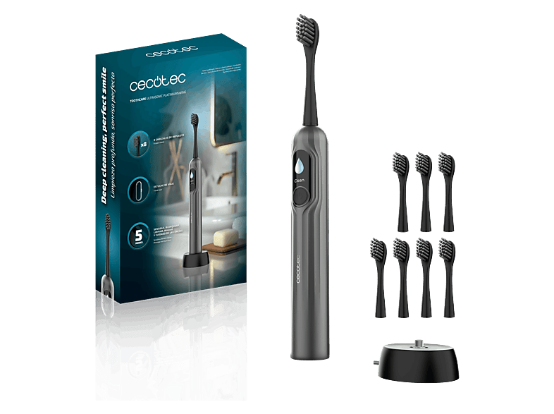 Cepillo eléctrico - Cecotec ToothCare UltraSonic PlatiniumSwing, Sónico + Oscilación, 5 modos, Sensor de presión, 8 cabezales, Estuche, Negro