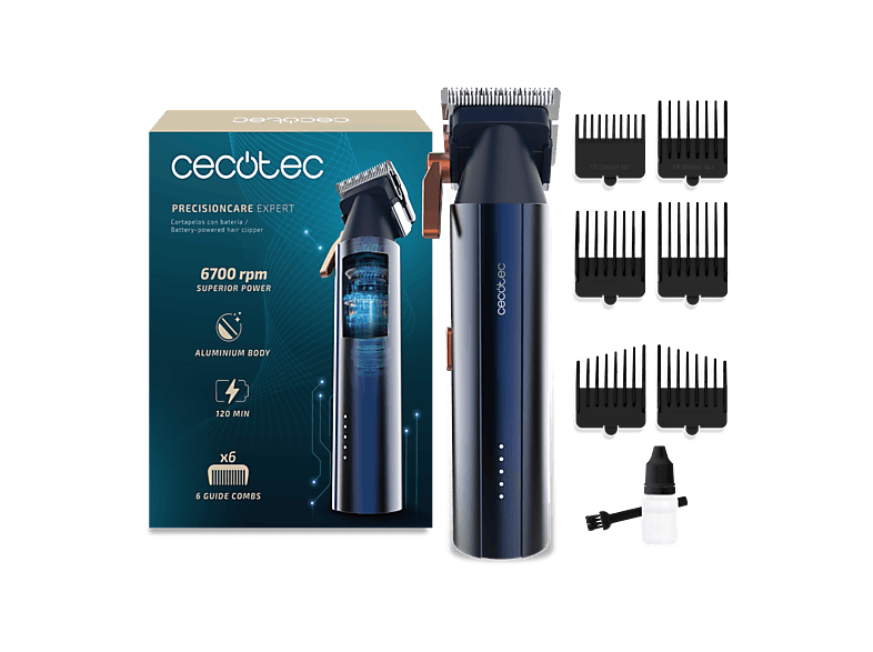 Cortapelos - Cecotec PrecisionCare Expert, Motor Brushless digital, 2 velocidades, 6 peines guía, Cuchillas cerámicas, Autonomía hasta h, Azul