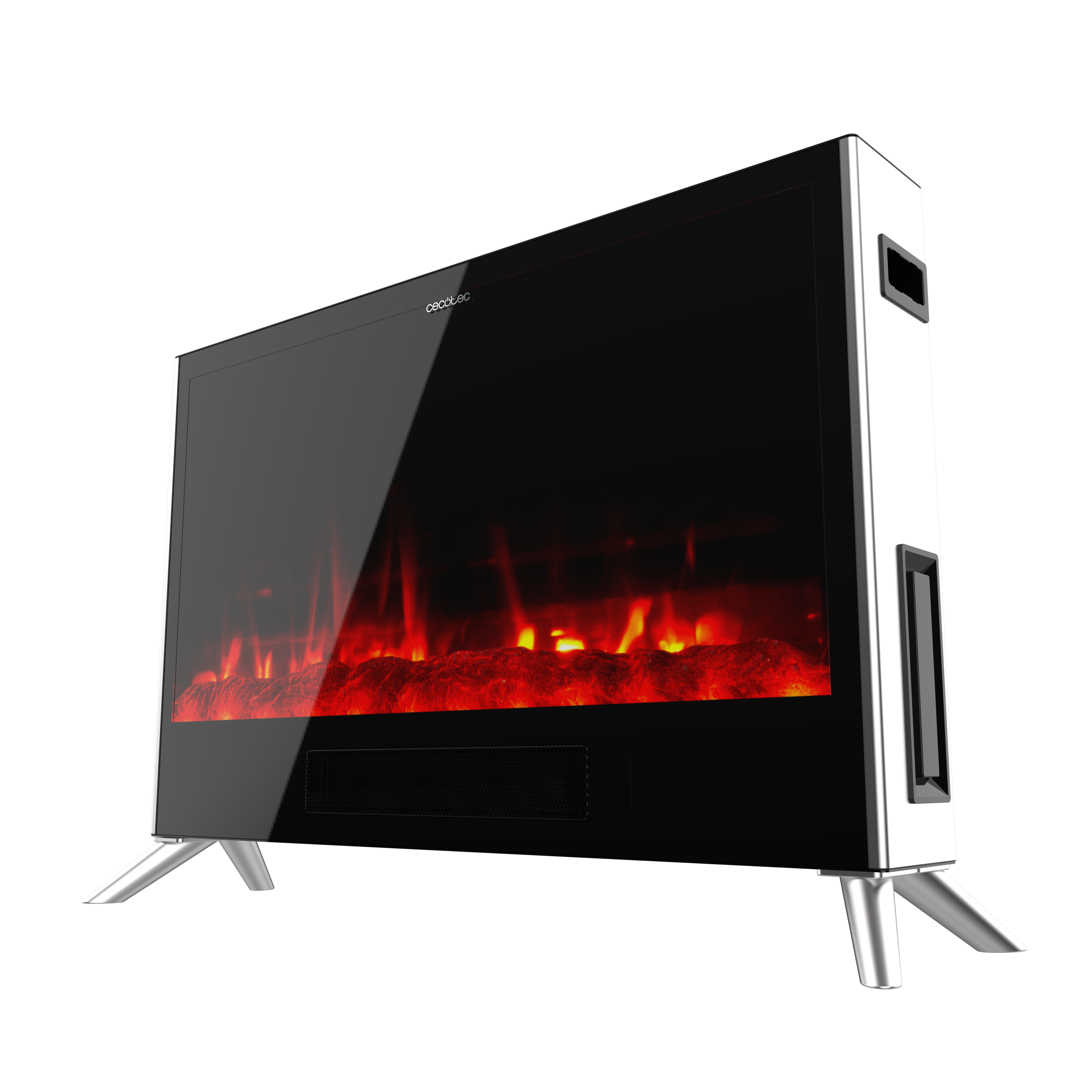 Una chimenea eléctrica blanca moderna con frente de cristal negro y llamas realistas.