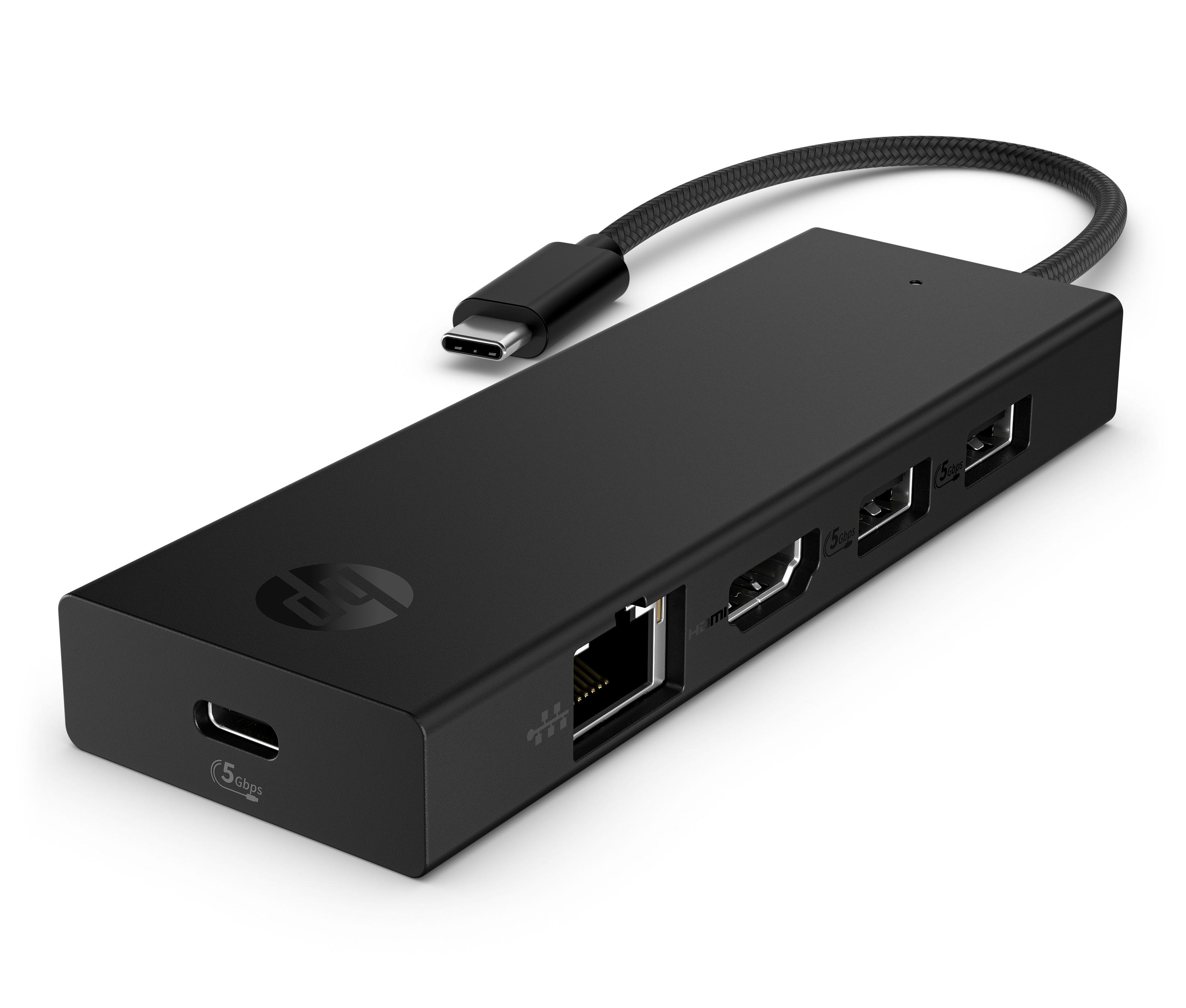 Schwarzer HP USB-C-Hub mit HDMI-, USB-A- und Ethernet-Anschlüssen.