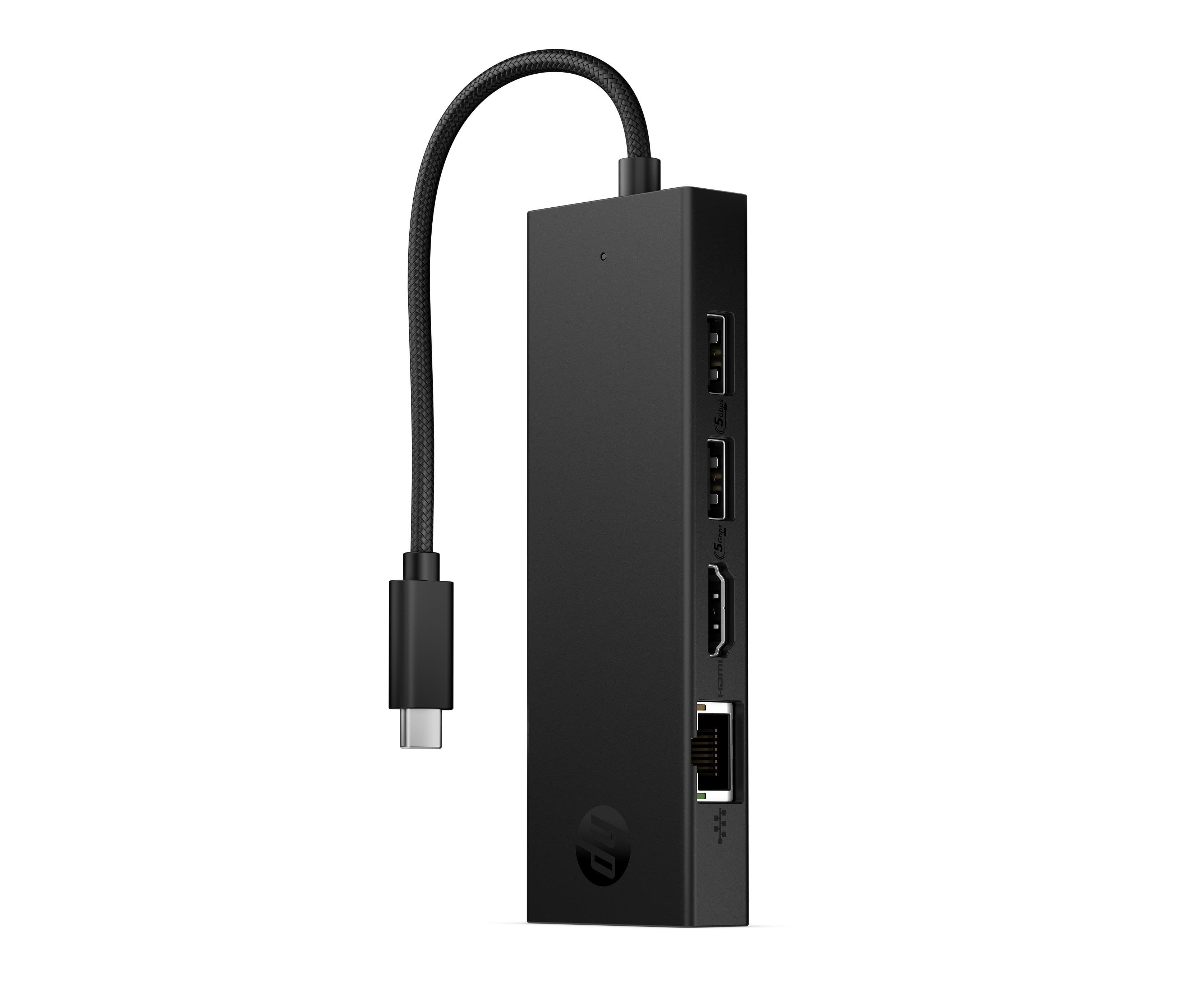 Schwarzer USB-C-Hub mit zwei USB-A-, einem HDMI- und einem Ethernet-Anschluss.