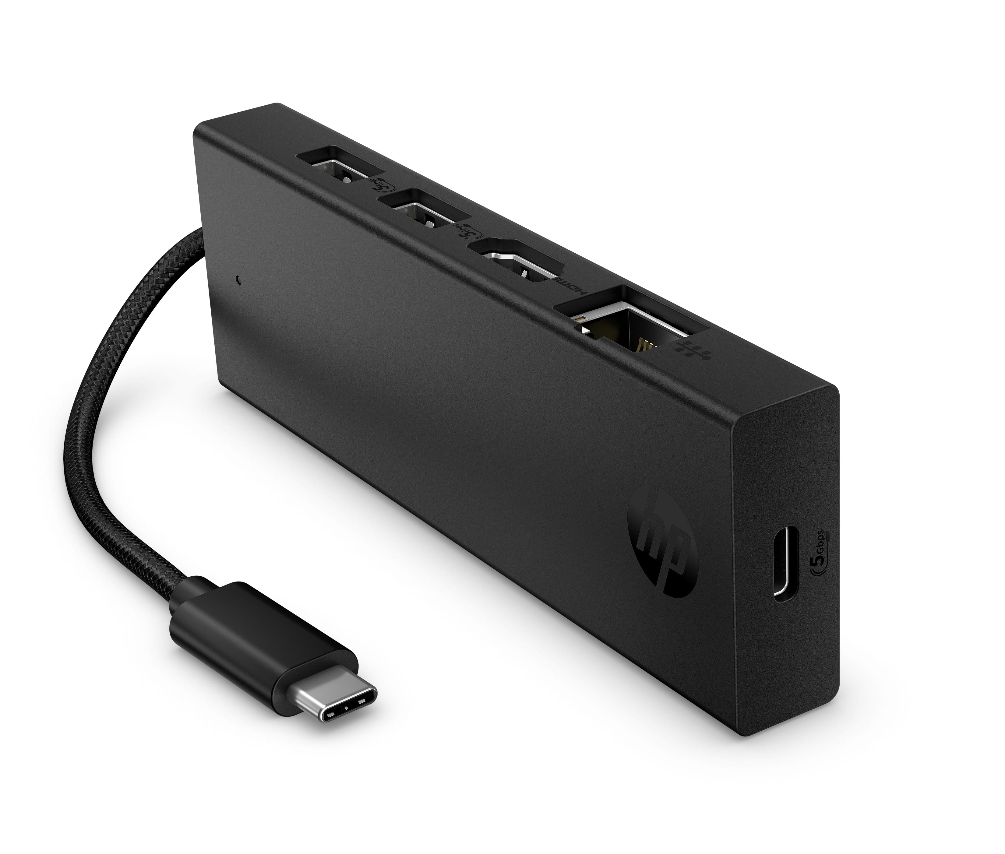 Schwarzer HP Docking-Adapter mit USB-C-Kabel und mehreren Anschlüssen.
