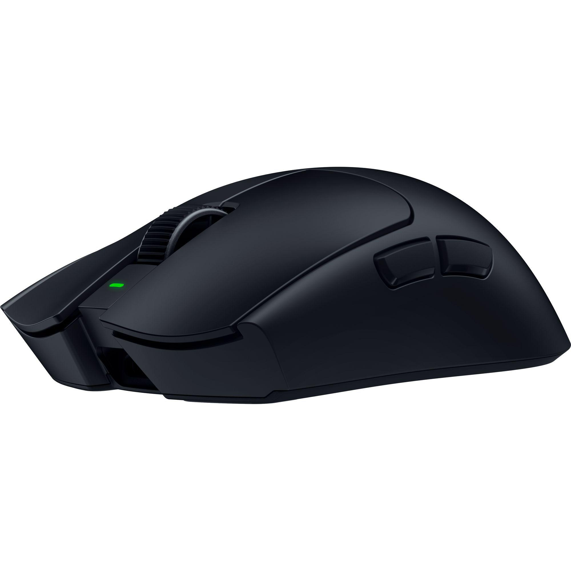 Schwarze Maus mit einem grünen Licht und einem Scrollrad auf weißem Hintergrund.