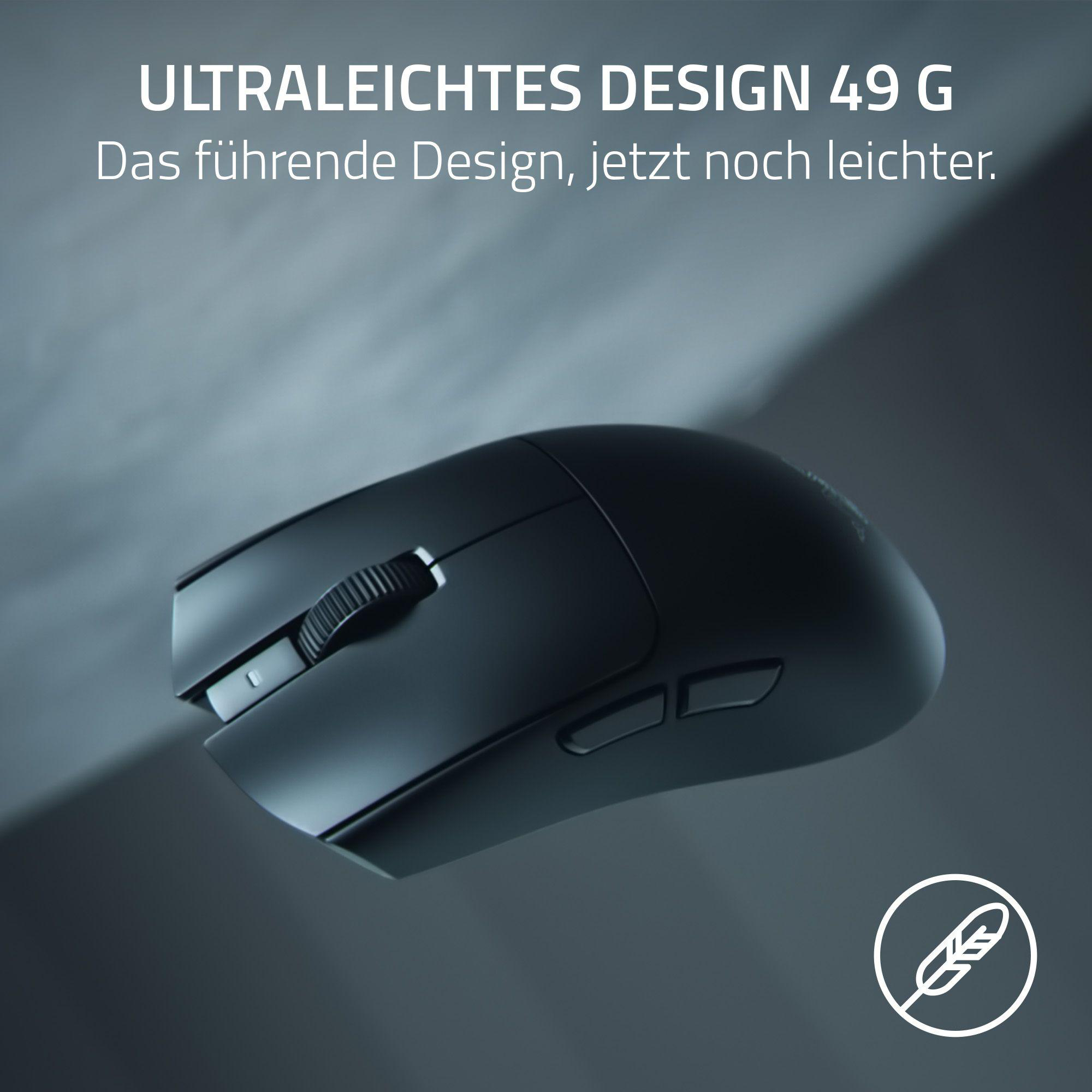 Schwarze Maus mit Scrollrad und Tasten, federleichtes Design.