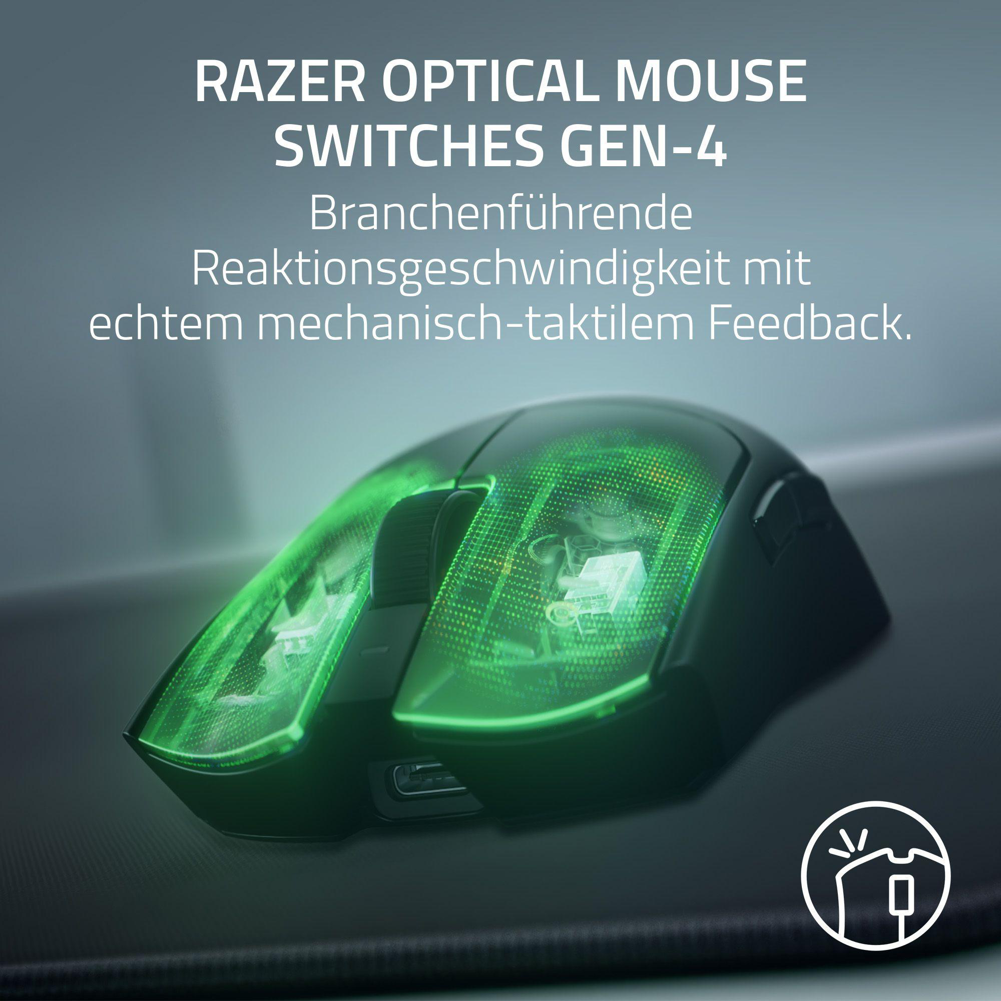 Schwarze Razer Gaming-Maus mit leuchtend grünen Akzenten und Symbol.