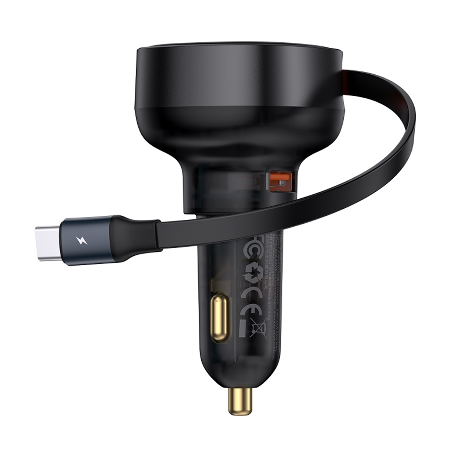 Cargador de coche negro con cable USB-C y luz indicadora.