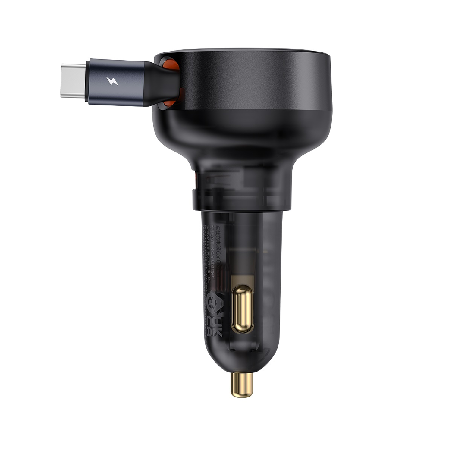 Cargador rápido USB-C negro para coche con cable y símbolo de rayo.