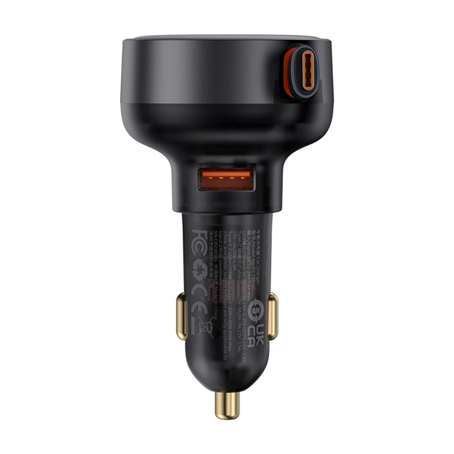 Cargador de coche USB negro con dos puertos y detalles naranjas.