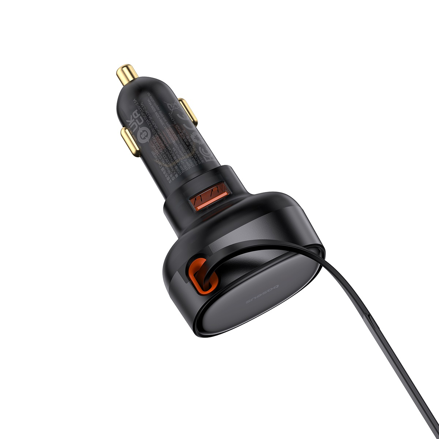 Cargador de coche negro con dos puertos USB y acento naranja. Incluye detalles de texto.