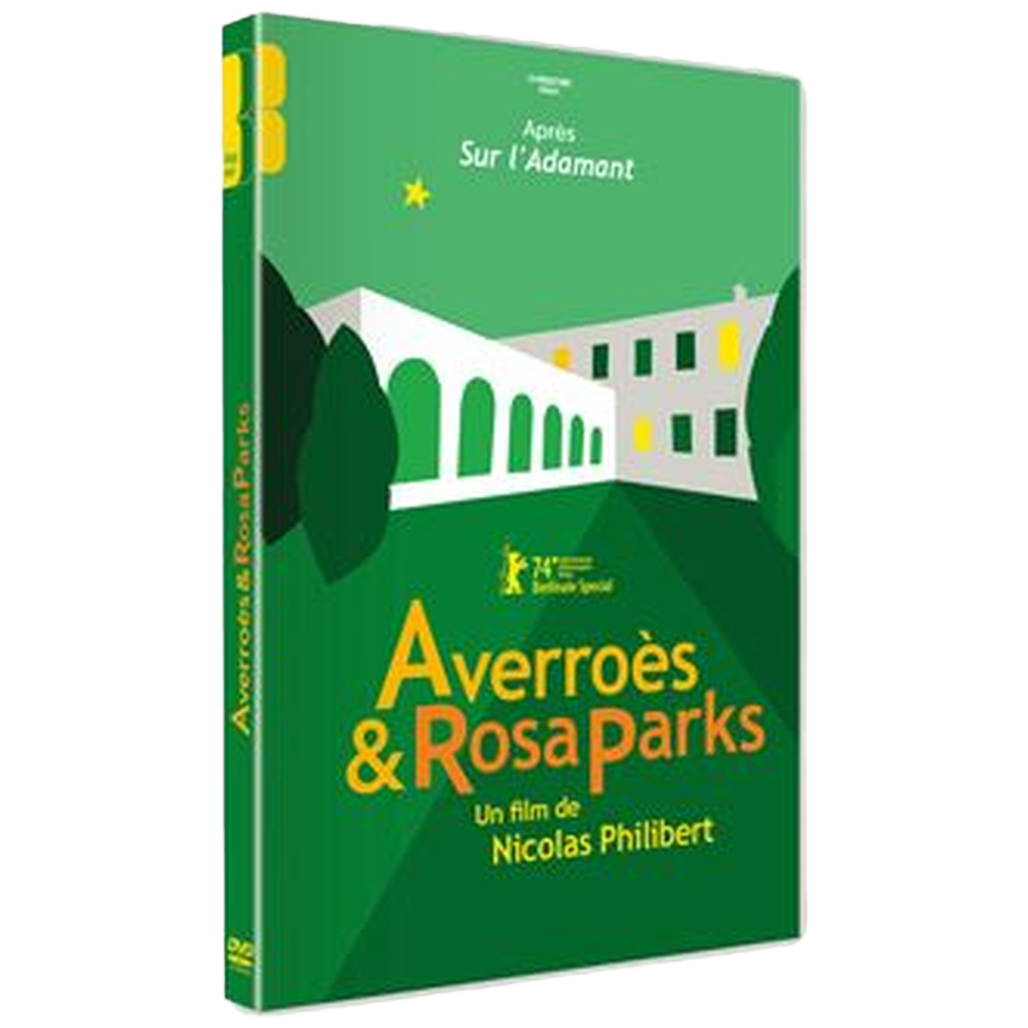 Dvd-hoes met groene achtergrond, wit gebouw en filmtitel.