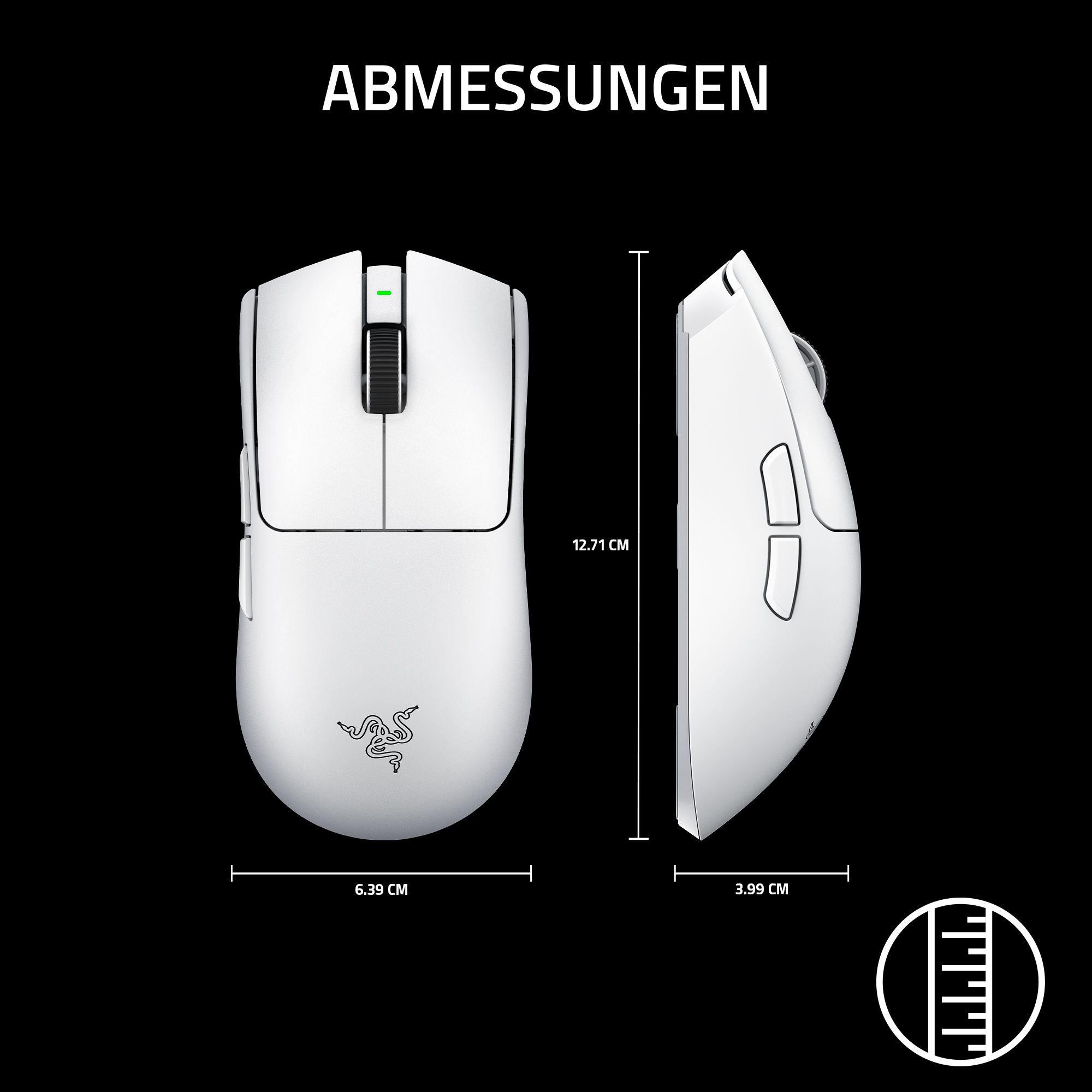 Weiße Maus mit Abmessungen: 12,71 cm Länge, 6,39 cm Breite, 3,99 cm Höhe.