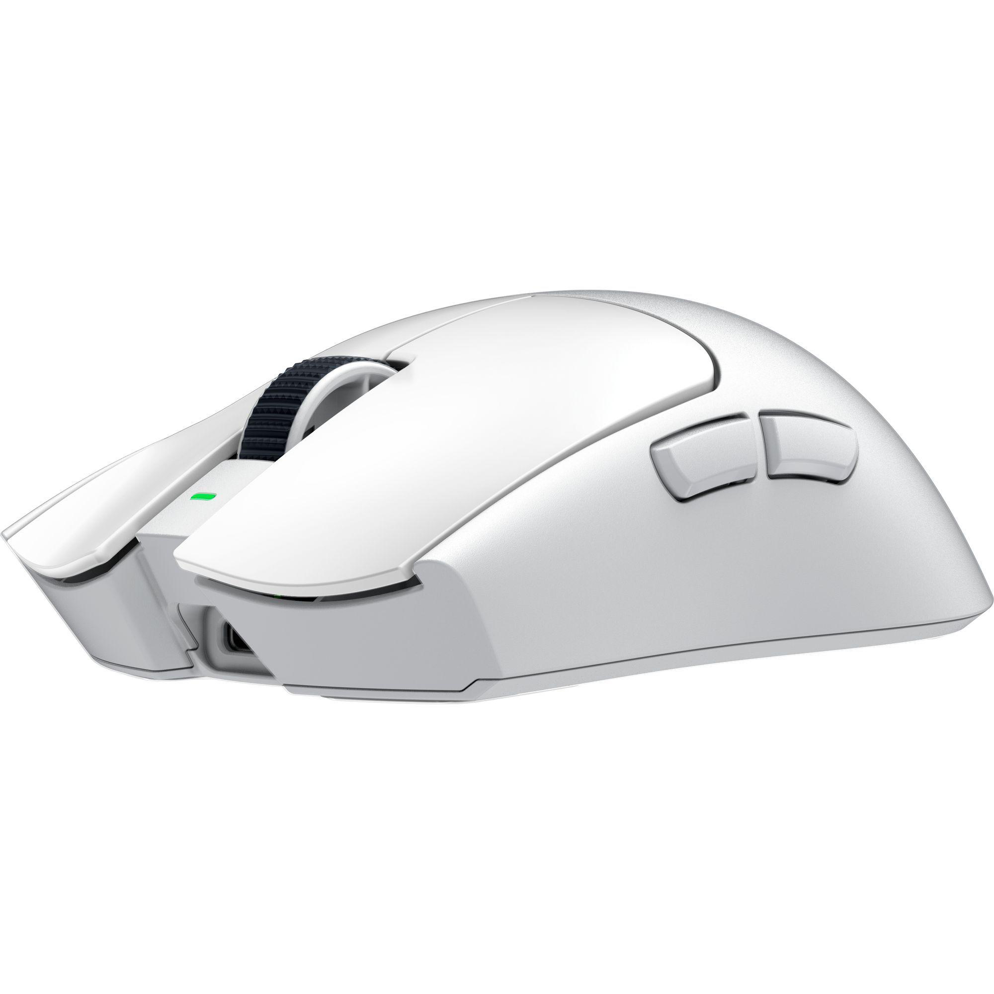 Weiße Gaming-Maus mit Scrollrad und zwei Daumentasten.