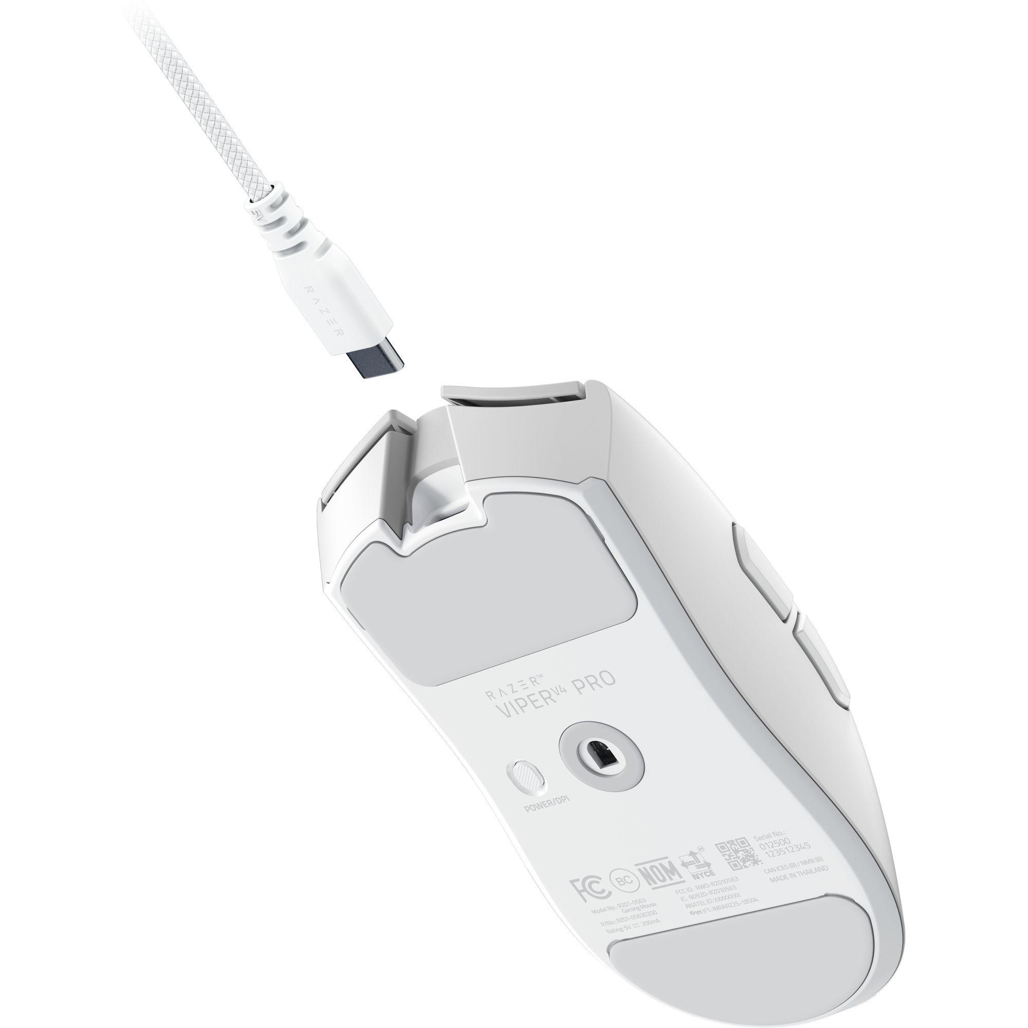 Weiße Razer Viper V2 Pro Gaming-Maus mit weißem USB-C-Kabel.