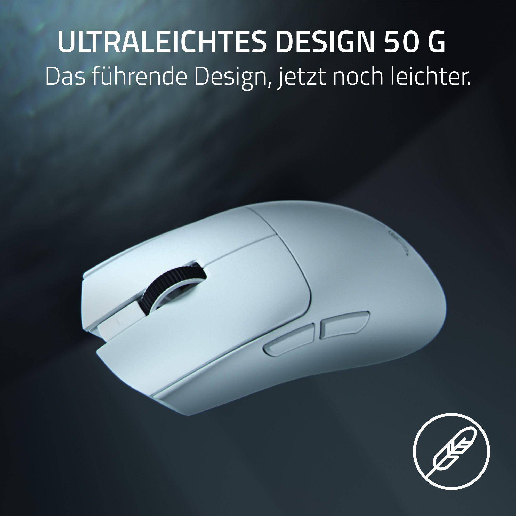 Eine weiße Gaming-Maus mit Scrollrad und Knöpfen auf dunklem Hintergrund.