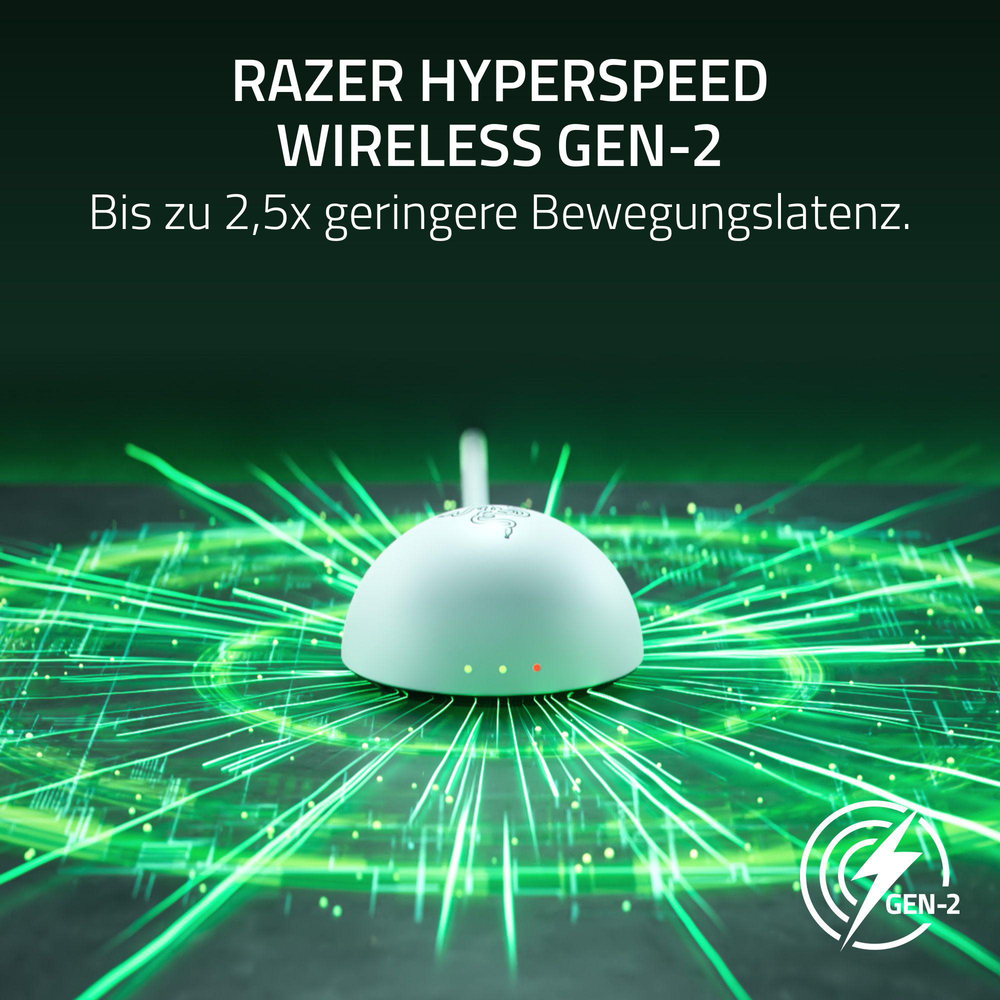 Ein weißer Razer Hyperspeed Wireless Dongle auf einem grünen, leuchtenden Hintergrund.