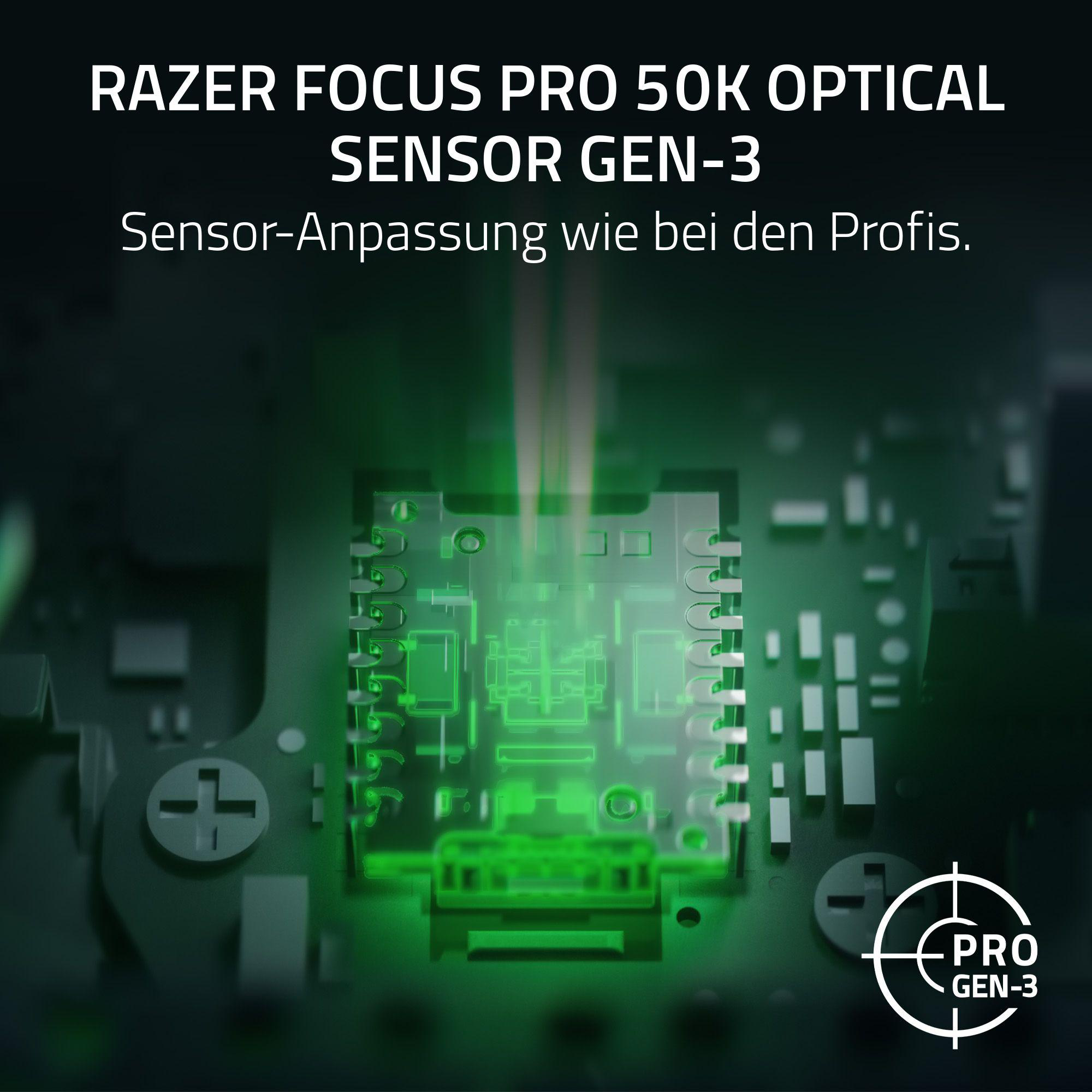Nahaufnahme eines grünen, leuchtenden optischen Sensors mit Text.