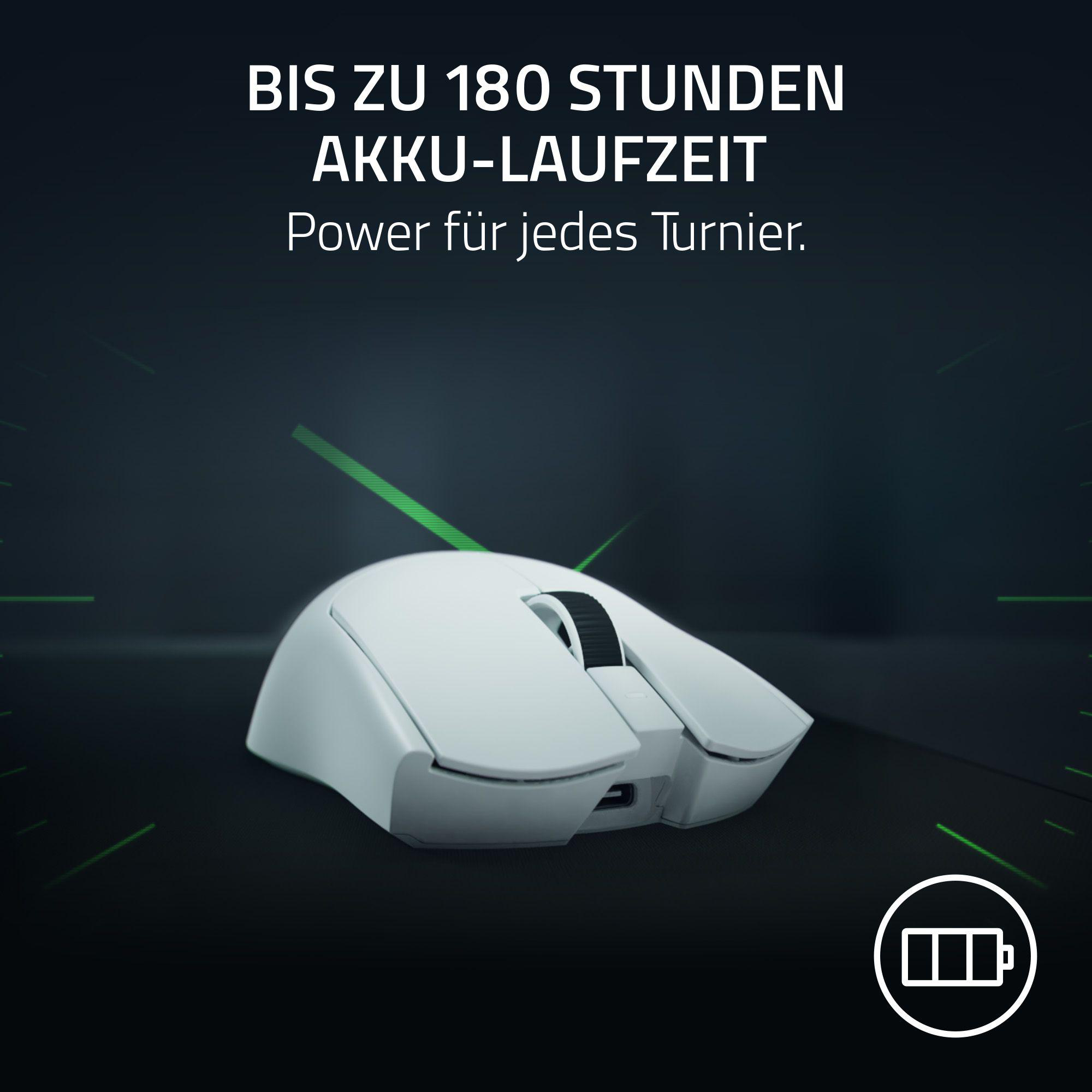 Eine weiße Maus mit einem USB-C-Anschluss und einem Akkusymbol.