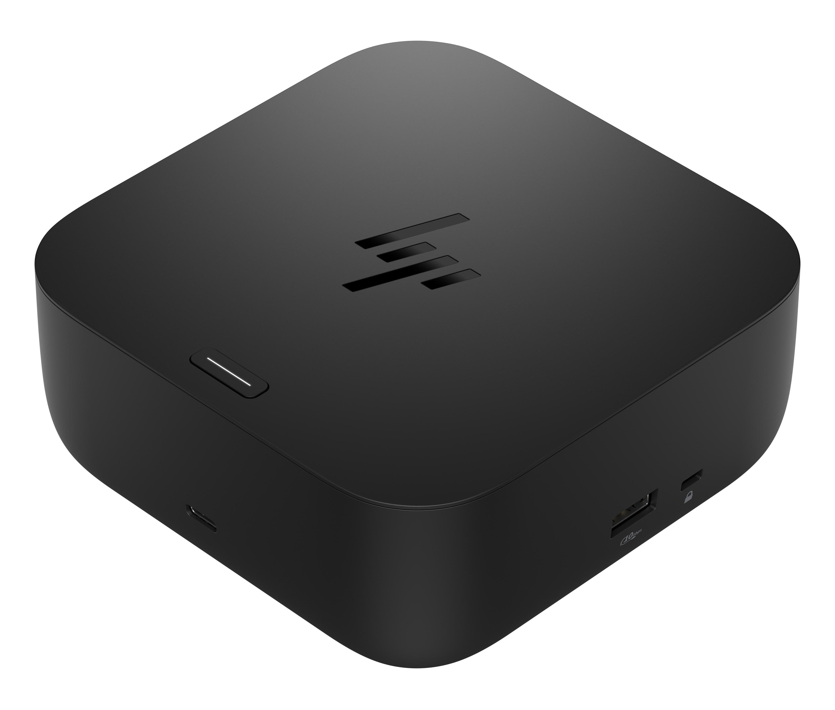 Ein schwarzer, rechteckiger Mini-PC mit abgerundeten Ecken und einem HP-Logo.