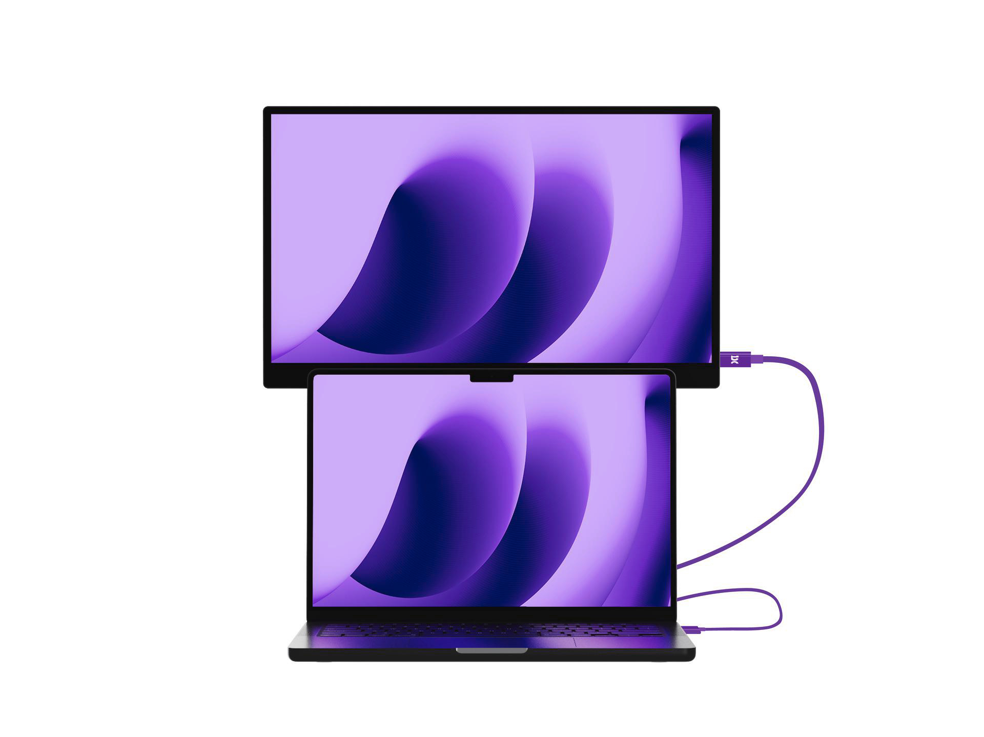 Ein Laptop ist mit einem externen Monitor verbunden, beide zeigen lila abstrakte Muster.