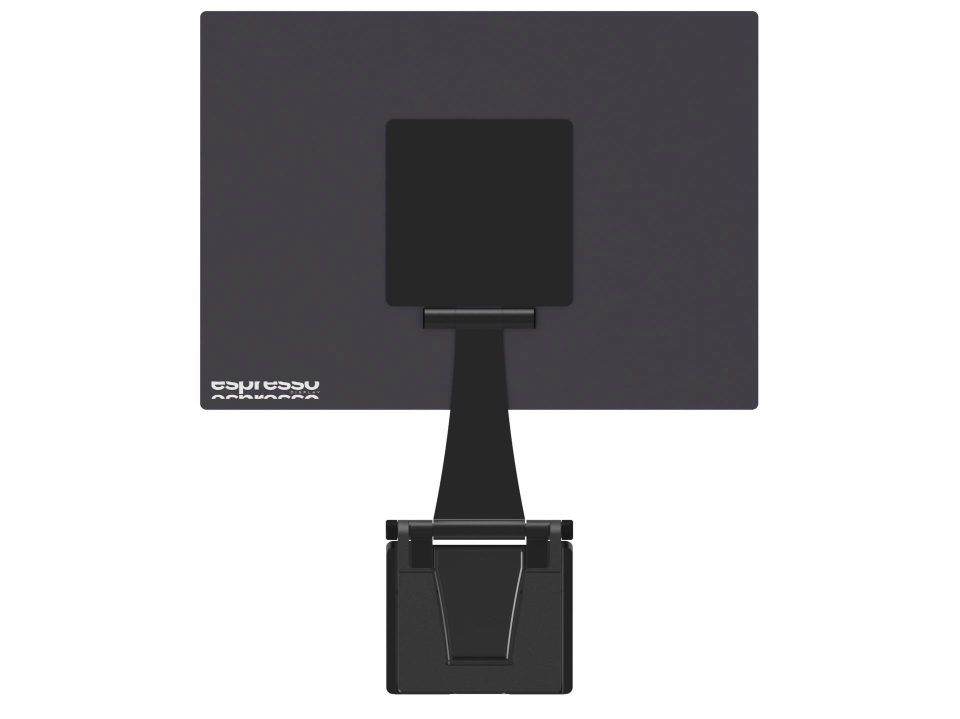 Rückansicht eines schwarzen, tragbaren Monitors mit Logo.