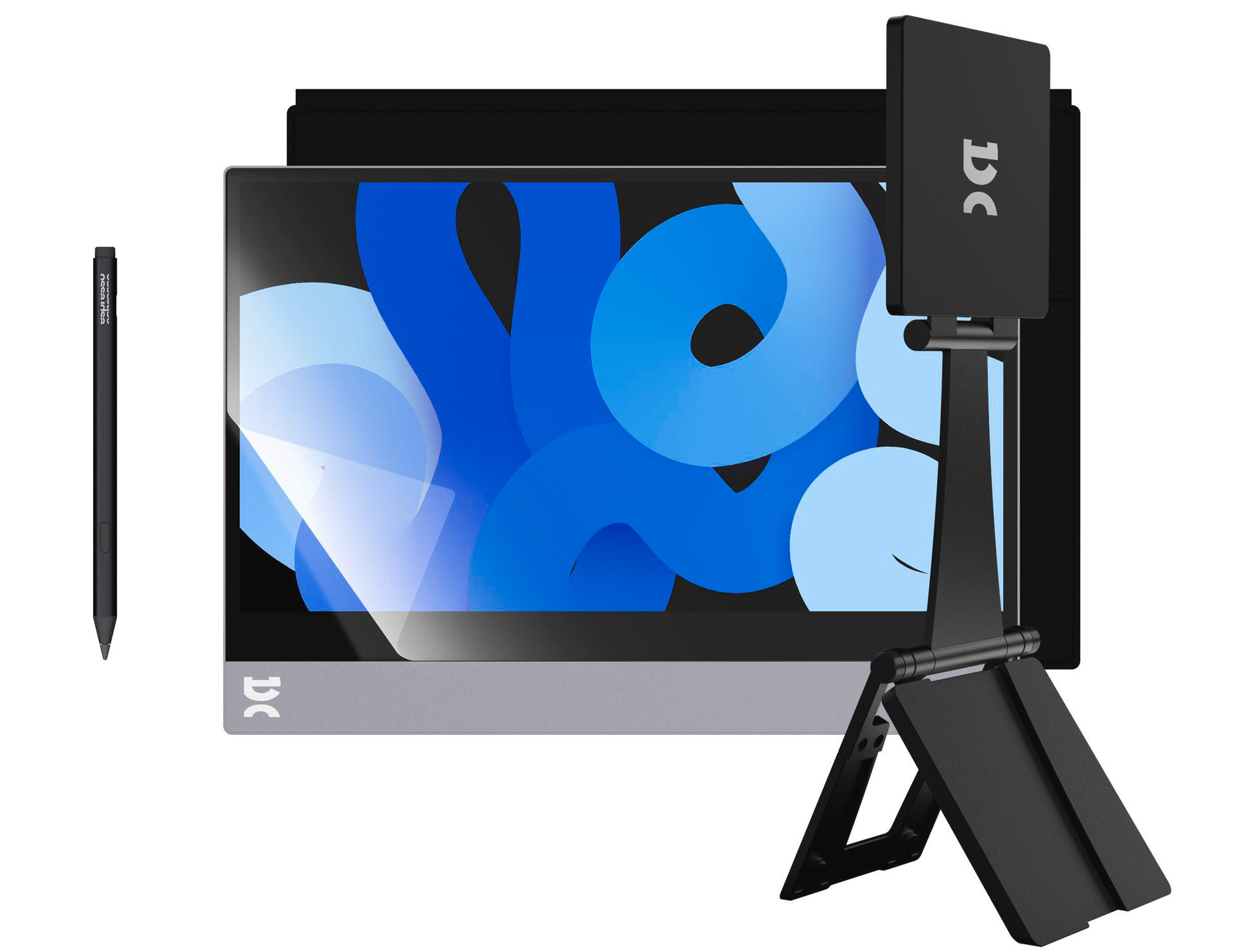 Ein schwarzer Stift und ein tragbarer Monitor mit blauem Hintergrundbild.
