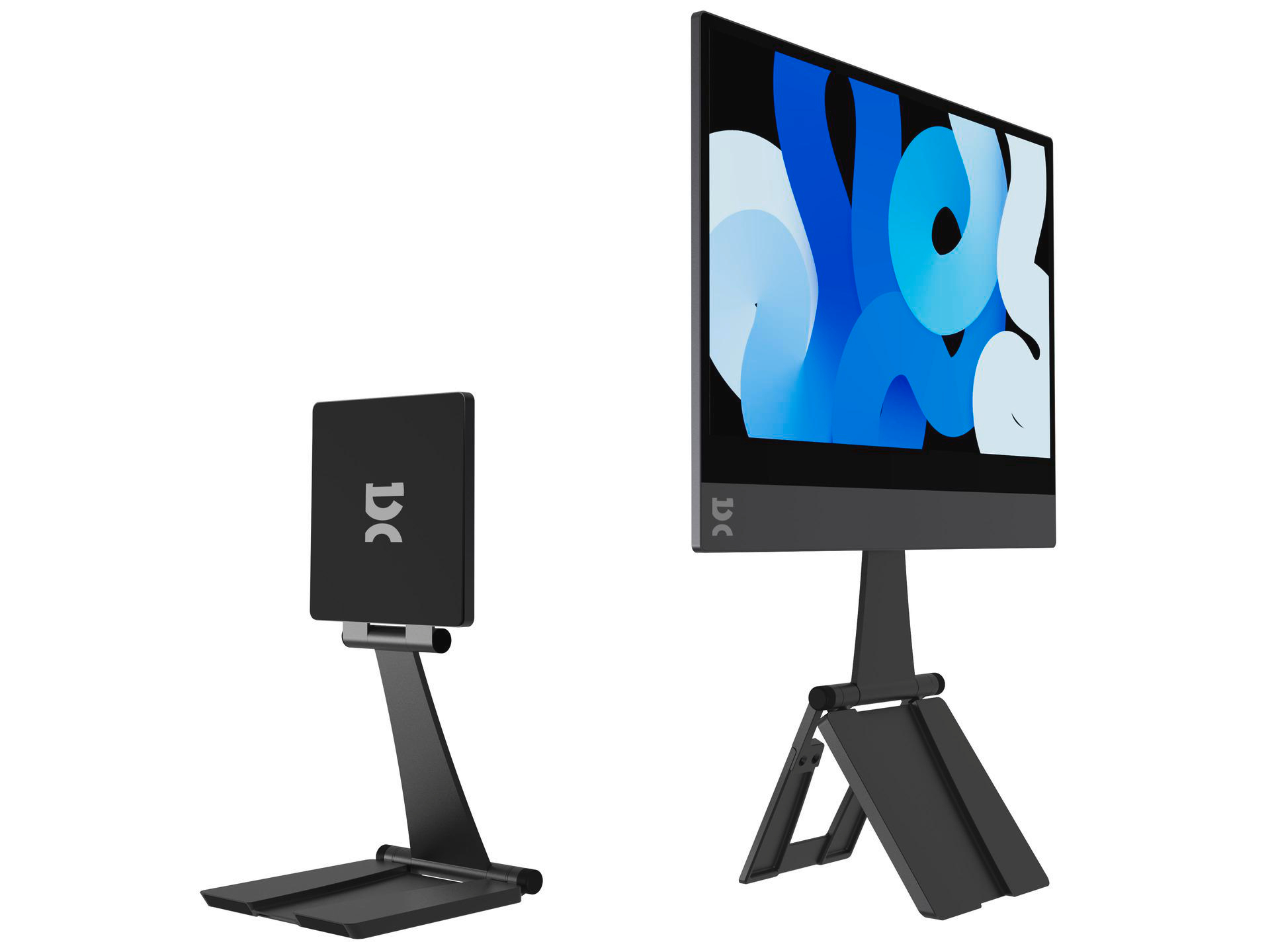 Zwei schwarze Ständer mit Monitoren. Einer ist ein Tablet, der andere ein großer Monitor.
